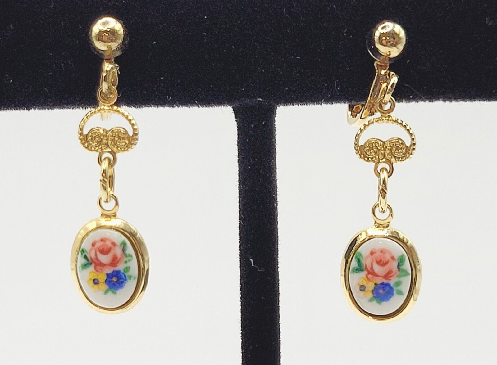Petite Hand Painted Flowers Porcelain Gold Tone Drop Dangle Vintage Earrings
