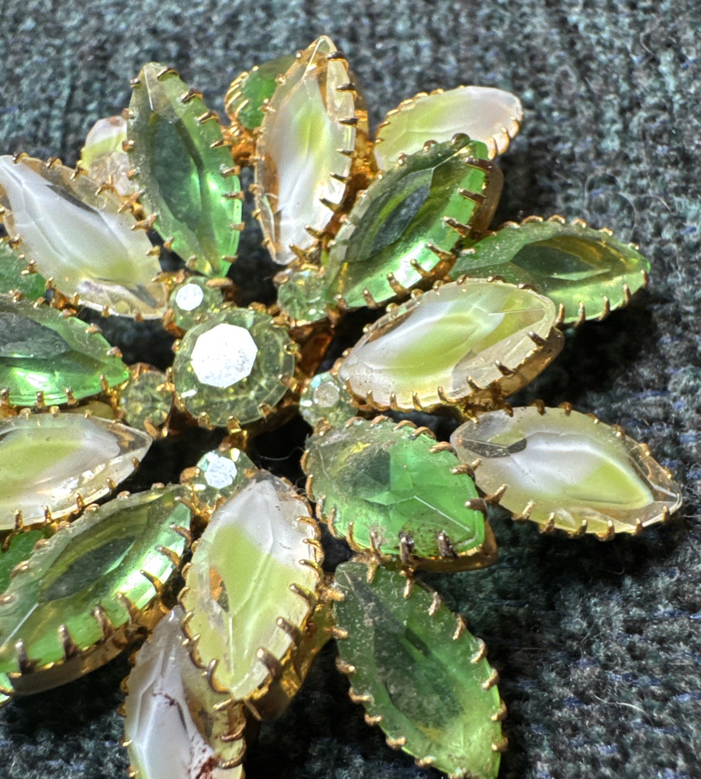 Gold-tone Brooch With Lime Green Givré And Opalescent Marquise-Cut Rhinestones
