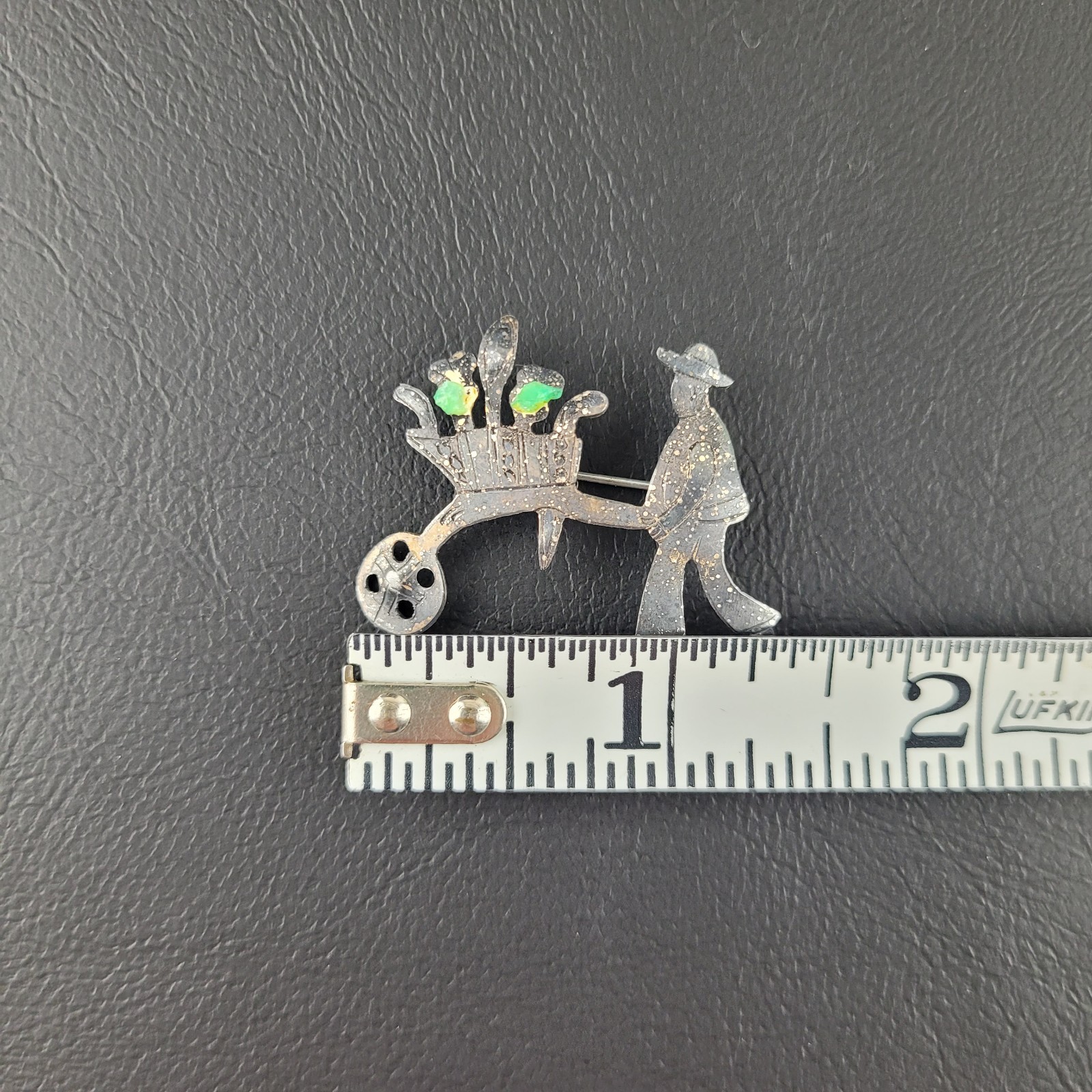 Vintage Man With Flower Cart Brooch Signed 980 Thin Silver Tarnished C Clasp