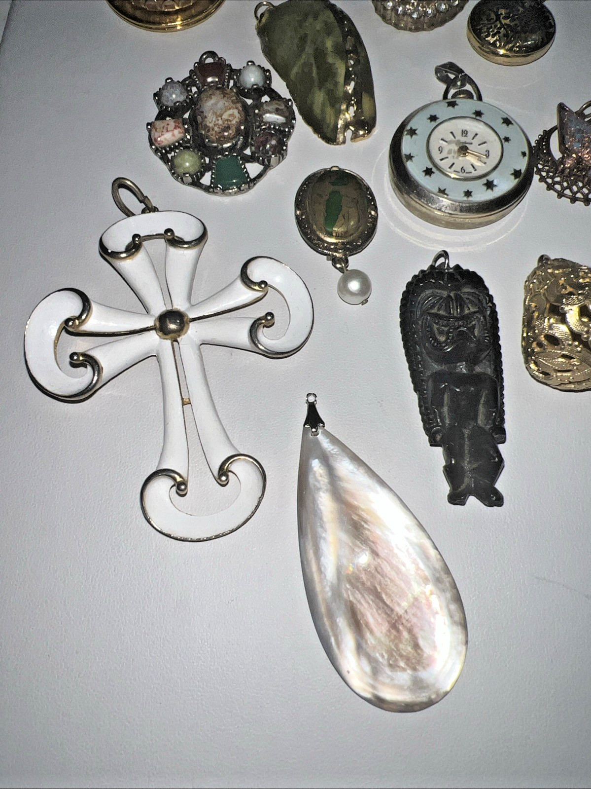 Vintage Unique Large Pendant Lot Cross Cameo Locket Watch Shell Stone Crystal