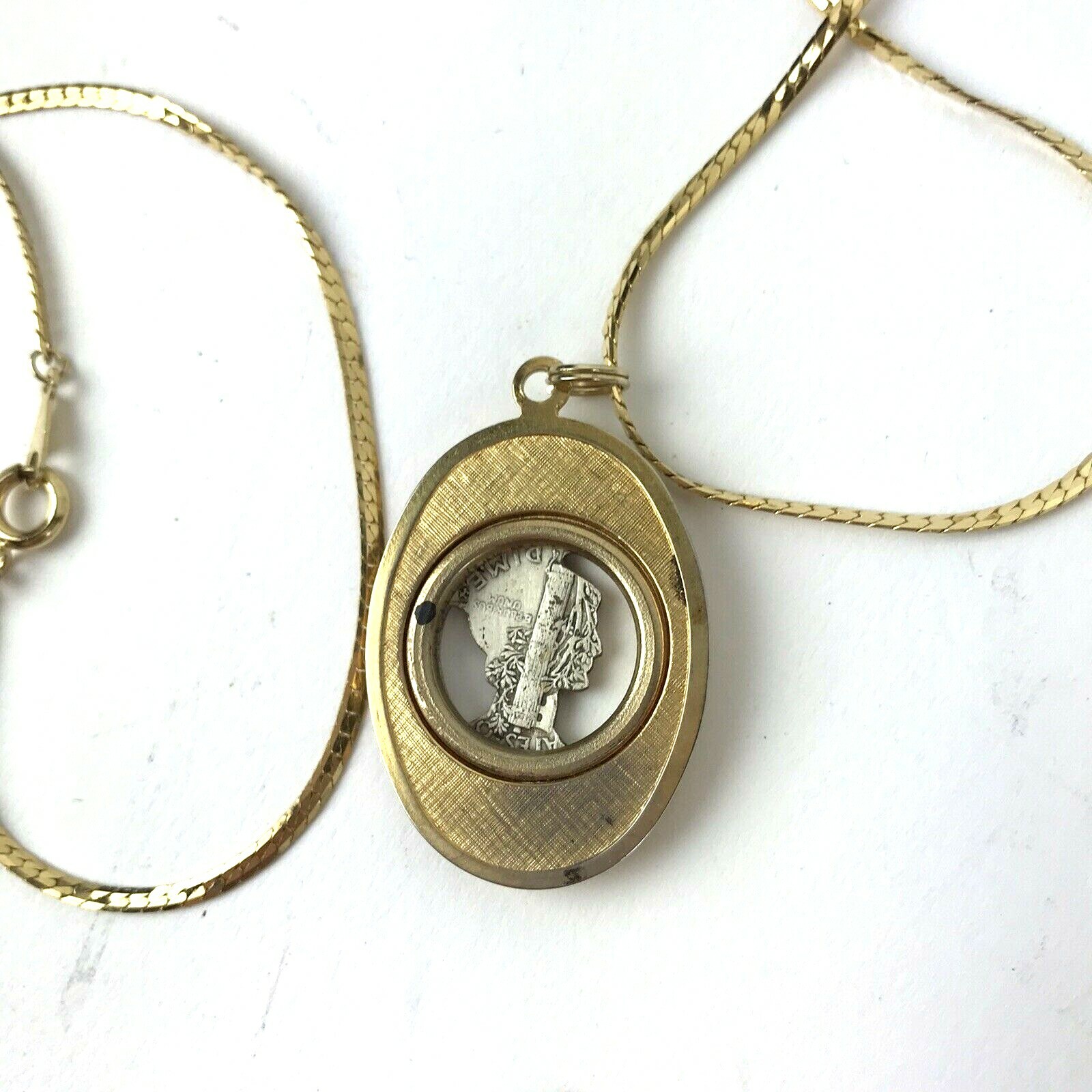 Vintage Necklace Silver 1942 Coin Carved Dime Charm Pendant Cut Out Lady Liberty