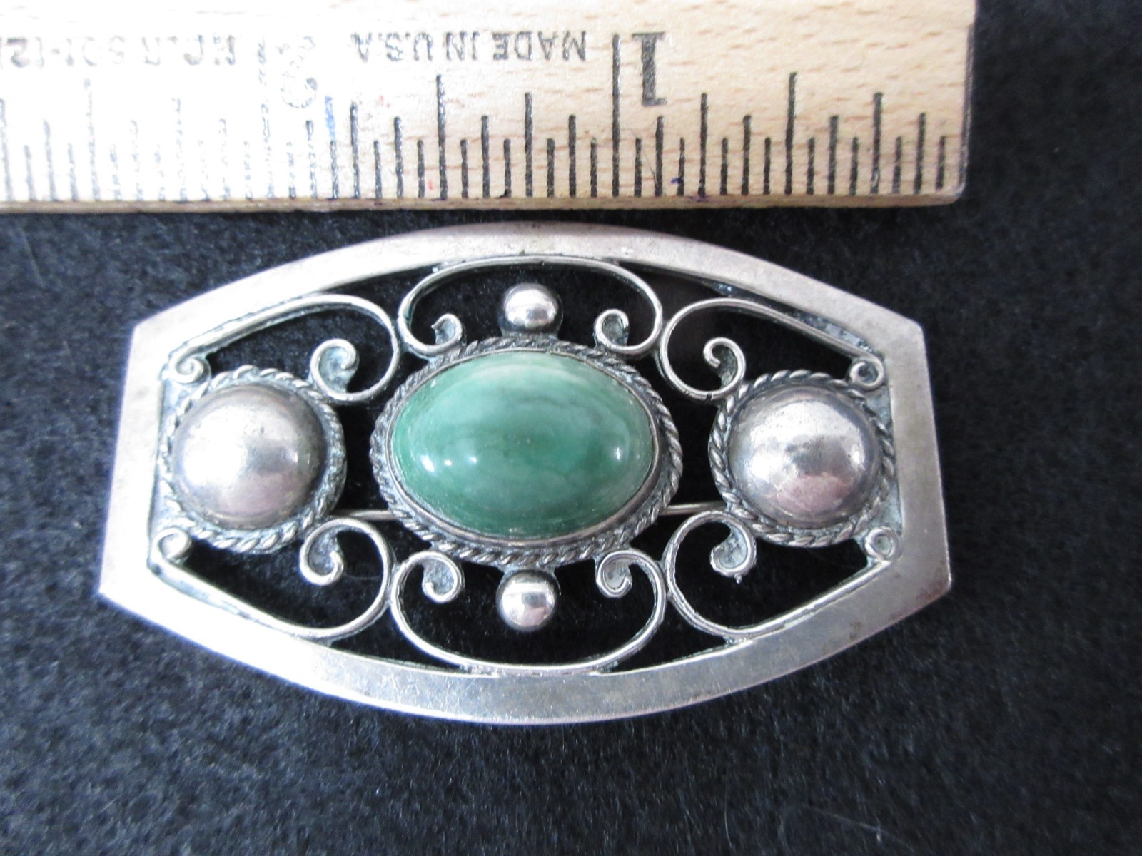 Antique Sterling Silver & Green Cabochon Stone Brooch Mexico Intaglio 980 NICE