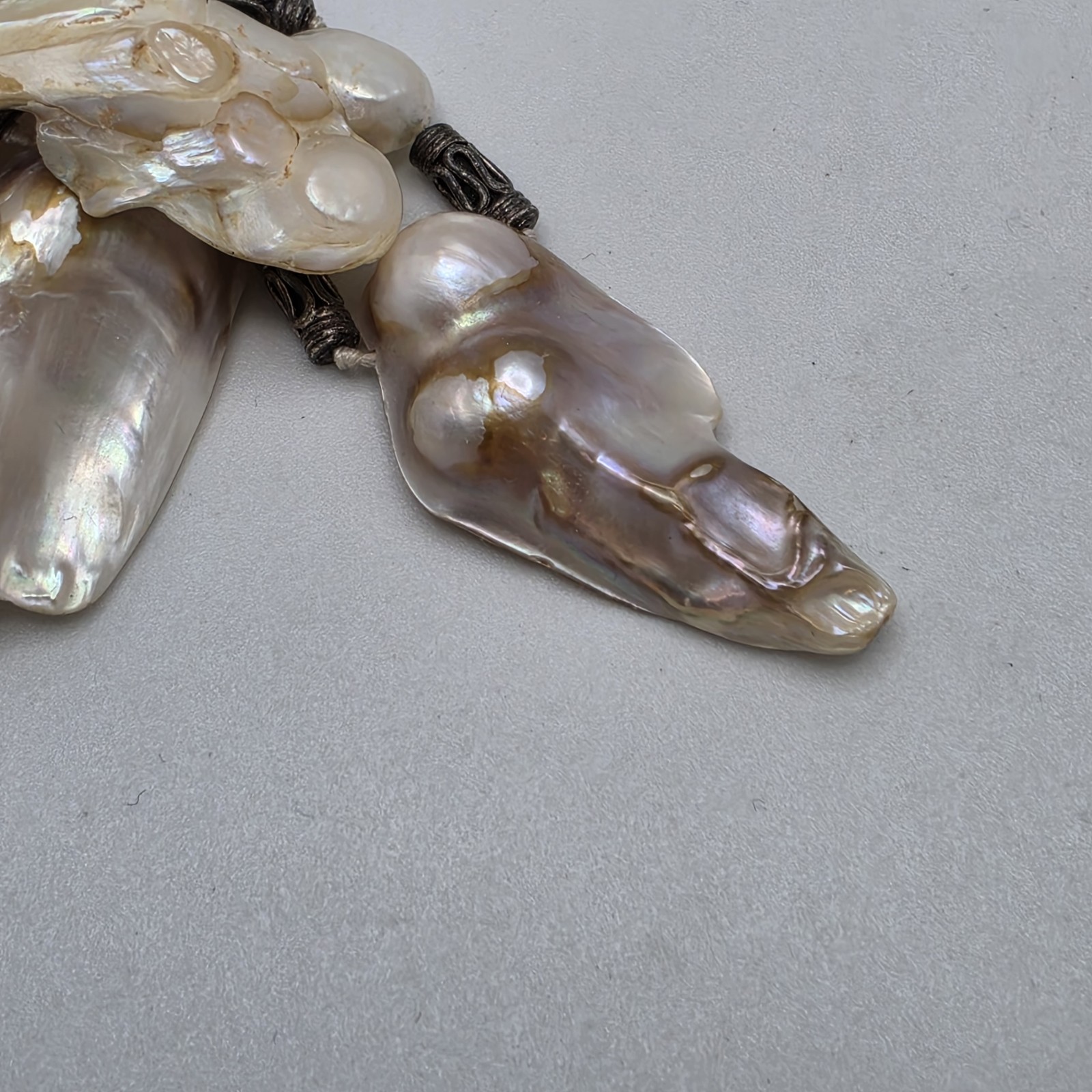 Vtg Blister Pearl Shell Necklace Statement Fringe Sterling Bali Bead