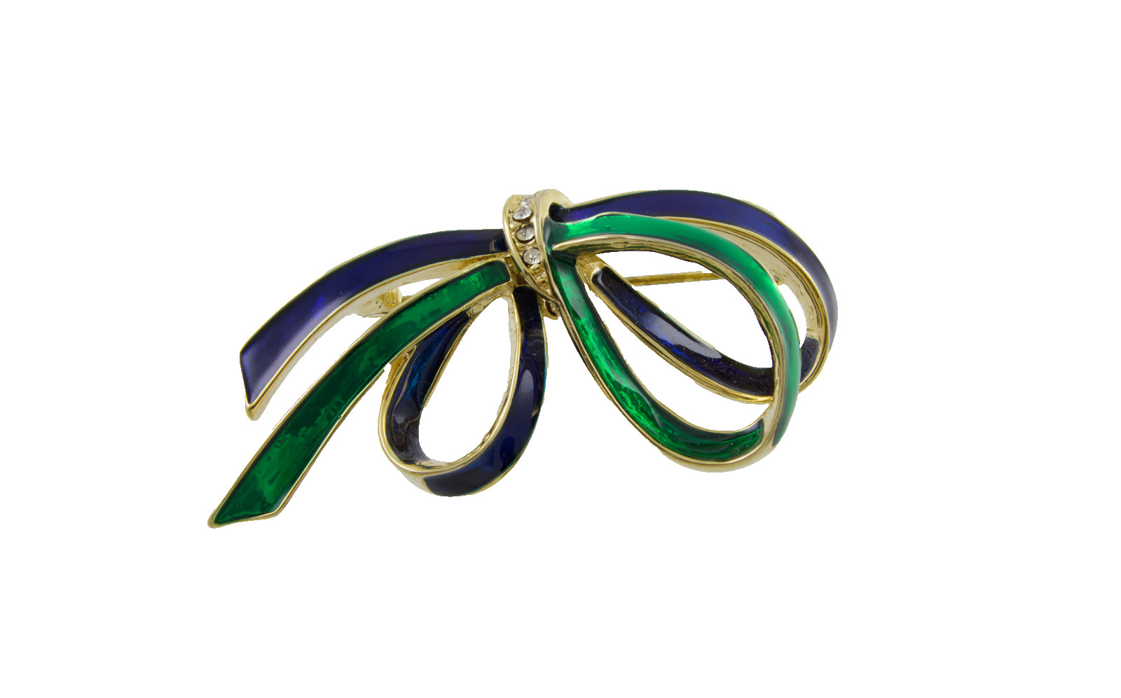 Vintage Finesse Blue & Green Enameled Rhinestone Ribbon Bow Brooch