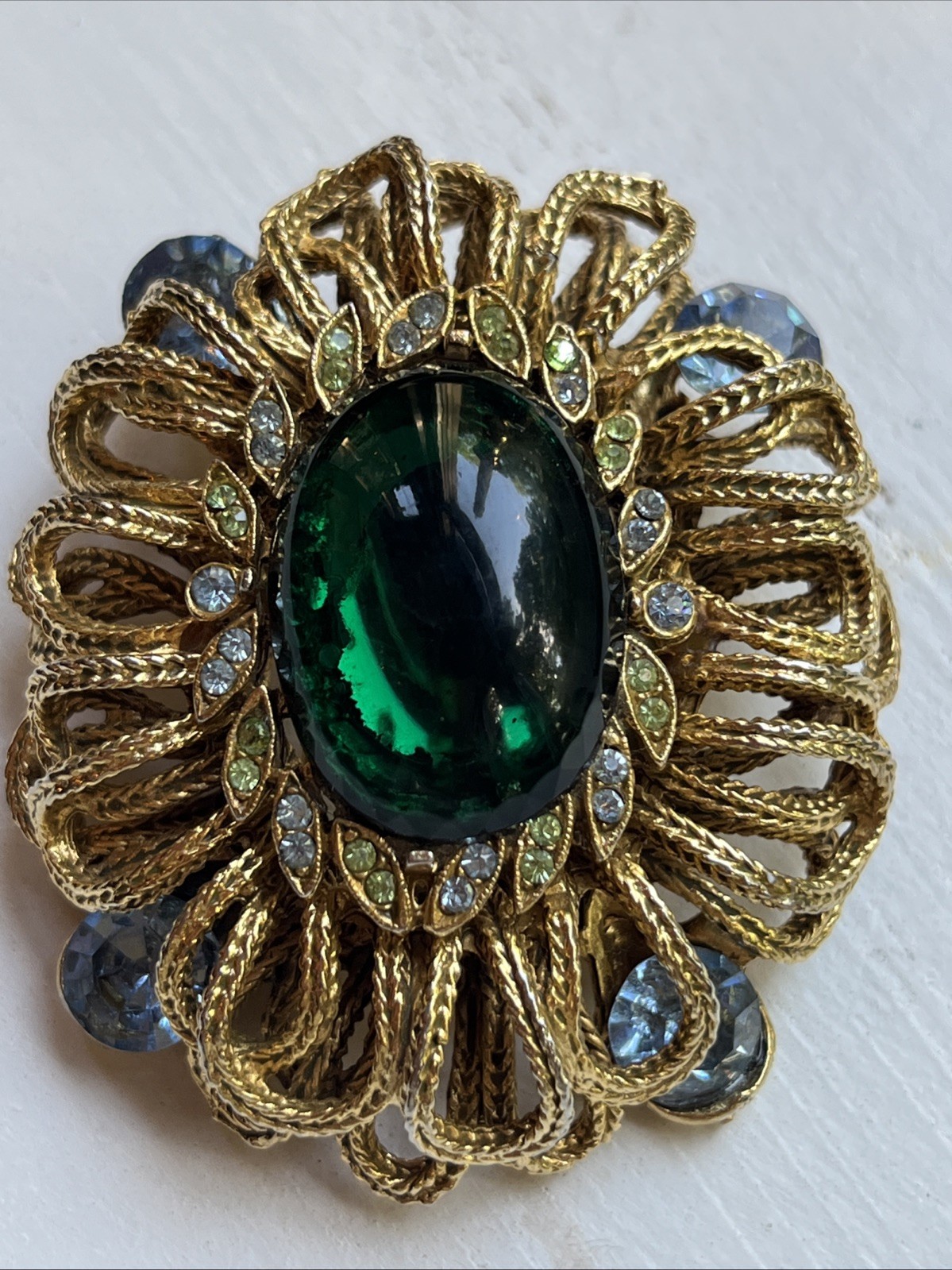 Vintage Capri Green Gripoix Glass Cabochon Blue Green Rhinestone Ornate Brooch