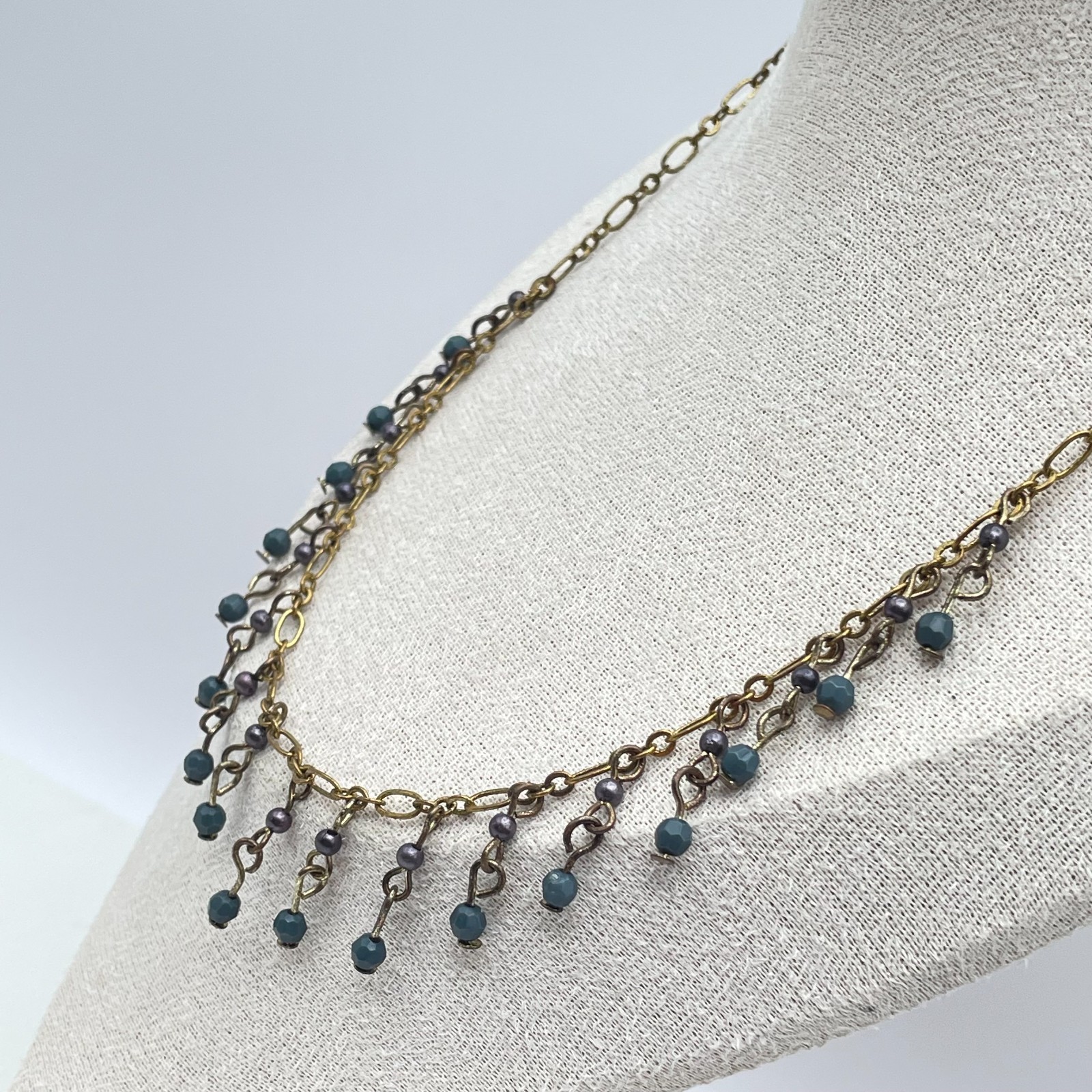 Vintage 90s Y2K Boho Gold Tone Fringe Bib Necklace Beaded Statement Necklace