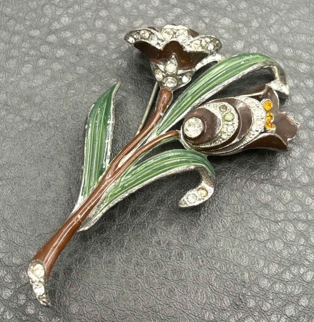 Large Figural Double Flower Brooch Enameled & Rhinestone Vintage Pot Metal