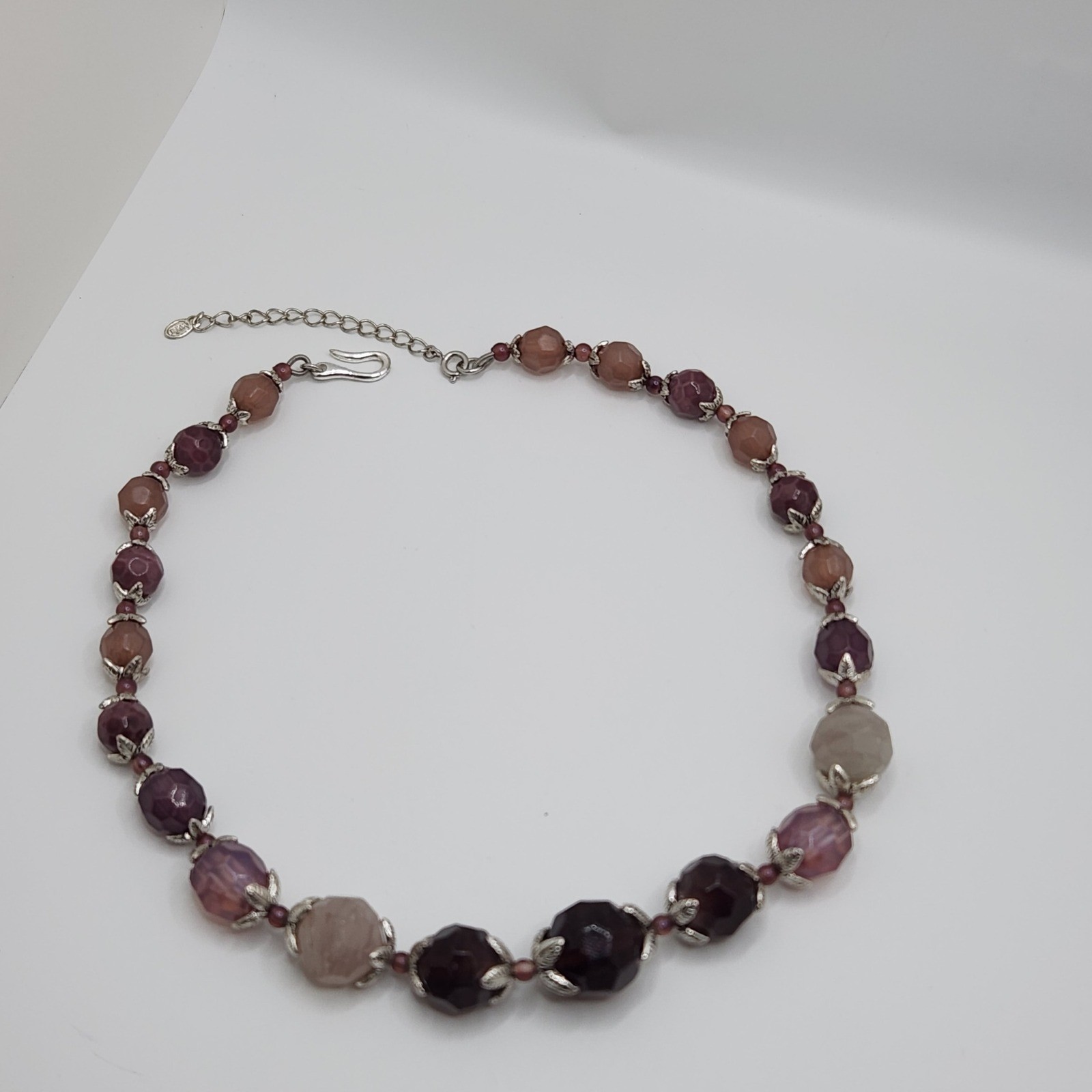 Monet Vintage Faceted Bead Necklace Pink Mauve Plum Silver Leaf Boho Earthy