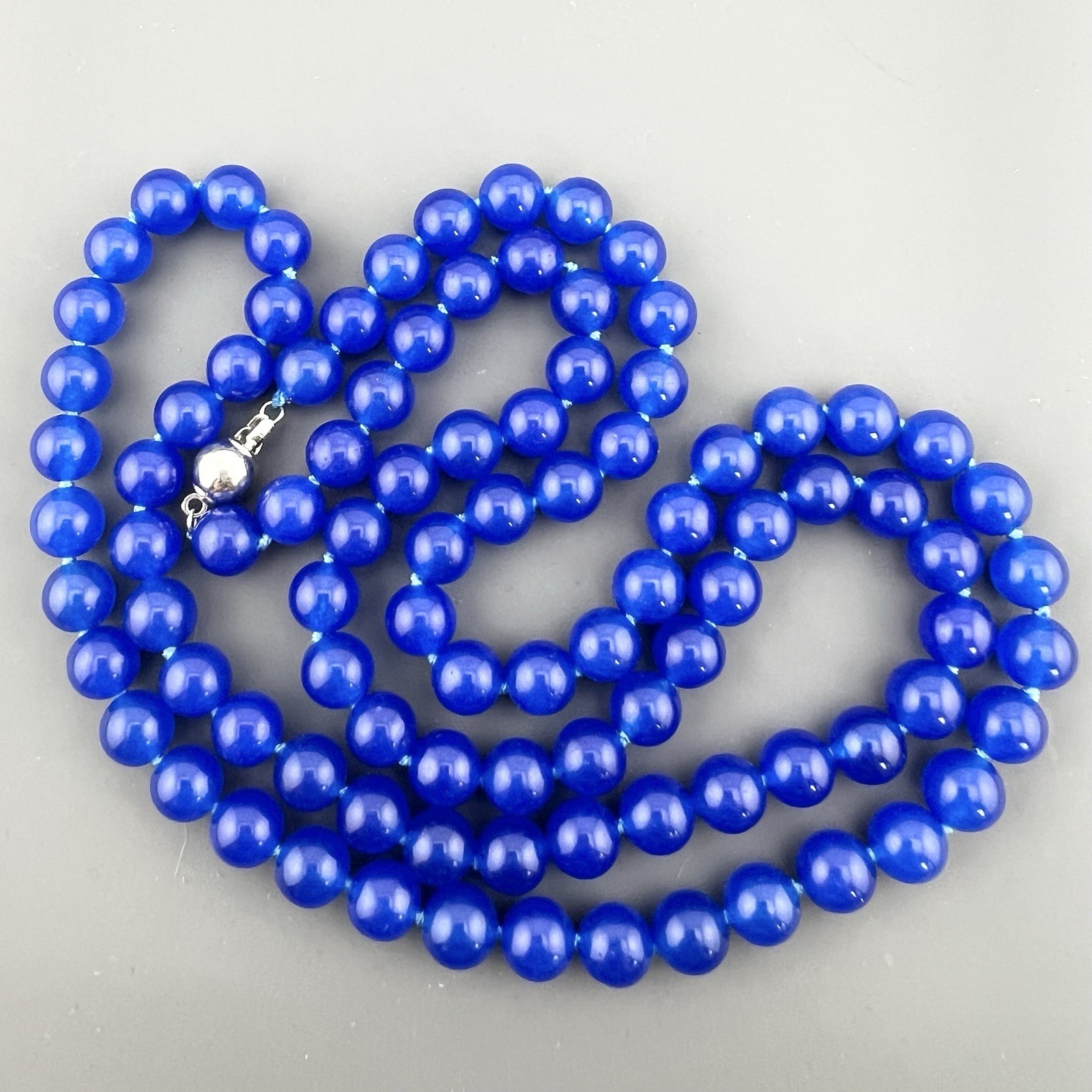 Vintage Beaded Necklace Blue Gemstone Hand Knotted 32”