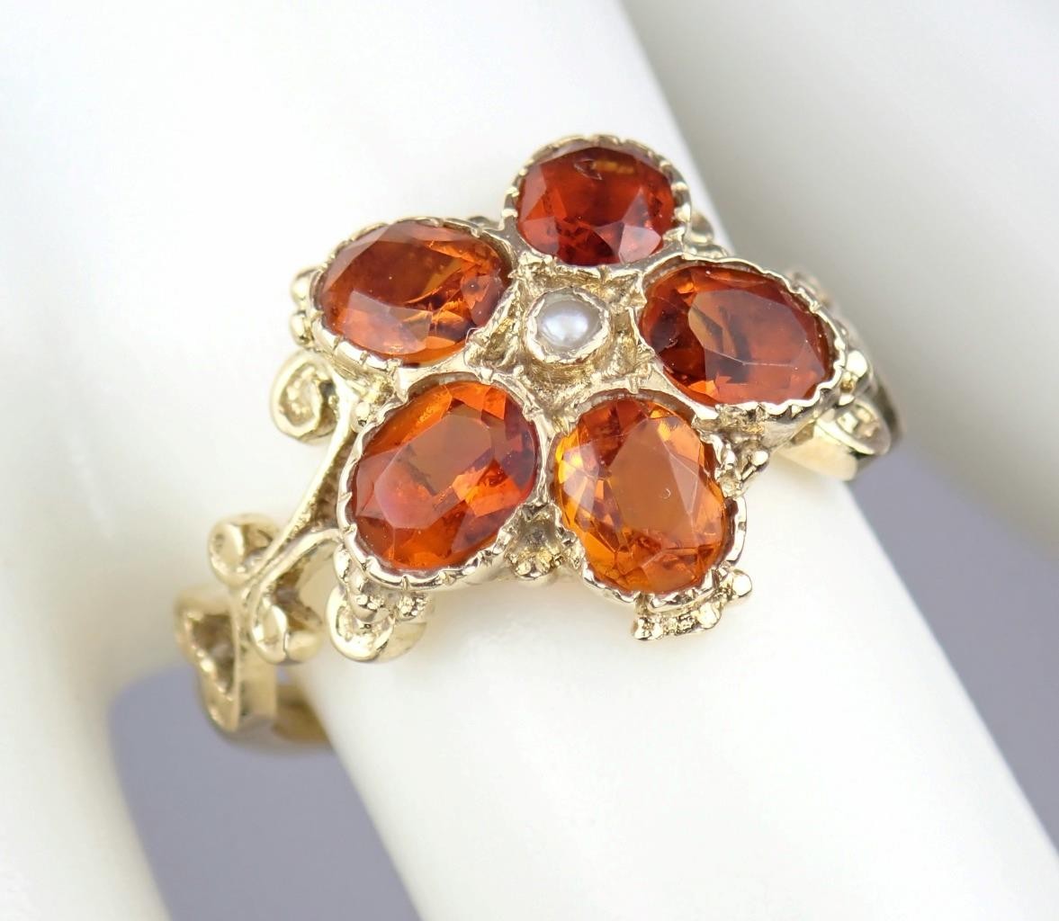 Pretty Vintage Solid 9K Gold Madeira Citrine Pearl Floral Scroll Ring 1971 7.25