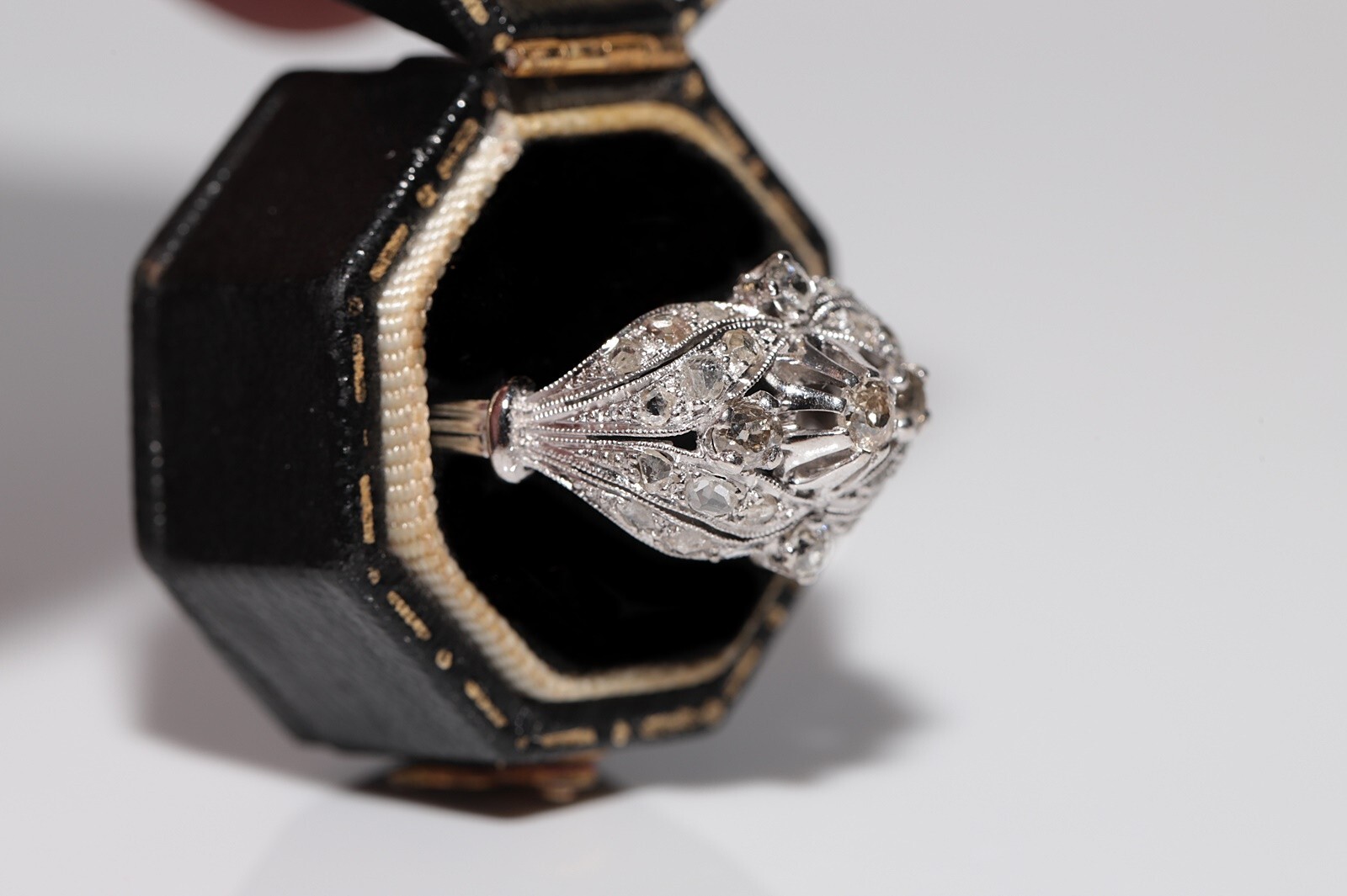 Antique 18k Gold Circa 1920s Art Deco Handcrafted Natural Diamond Decorated Ring