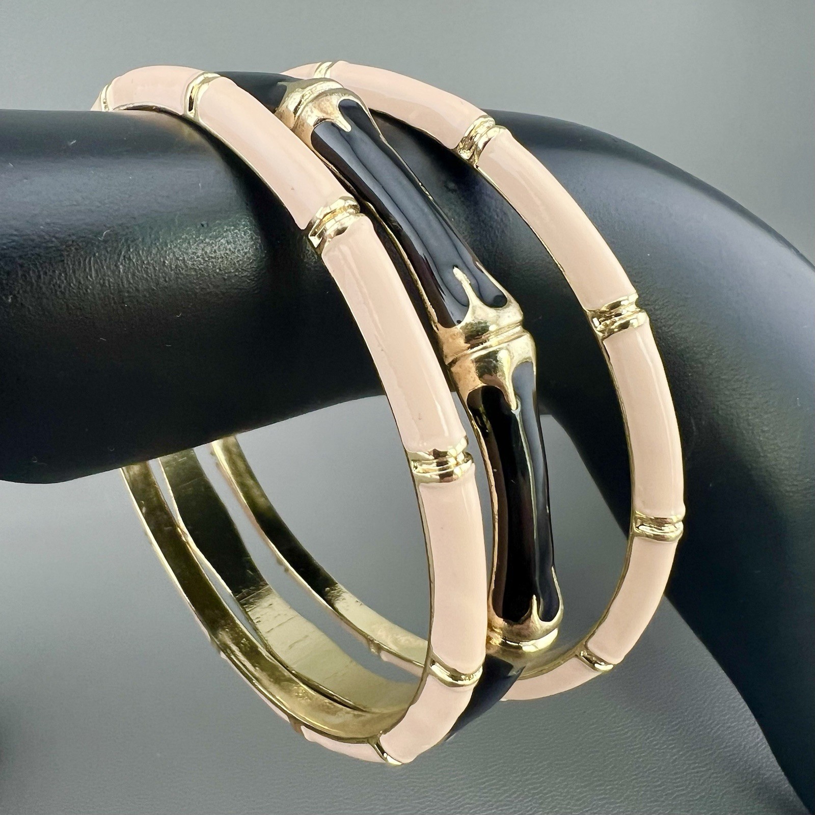 Vintage Bangle Bracelet Lot Bamboo Enamel Gold Tone Pink Black 8”