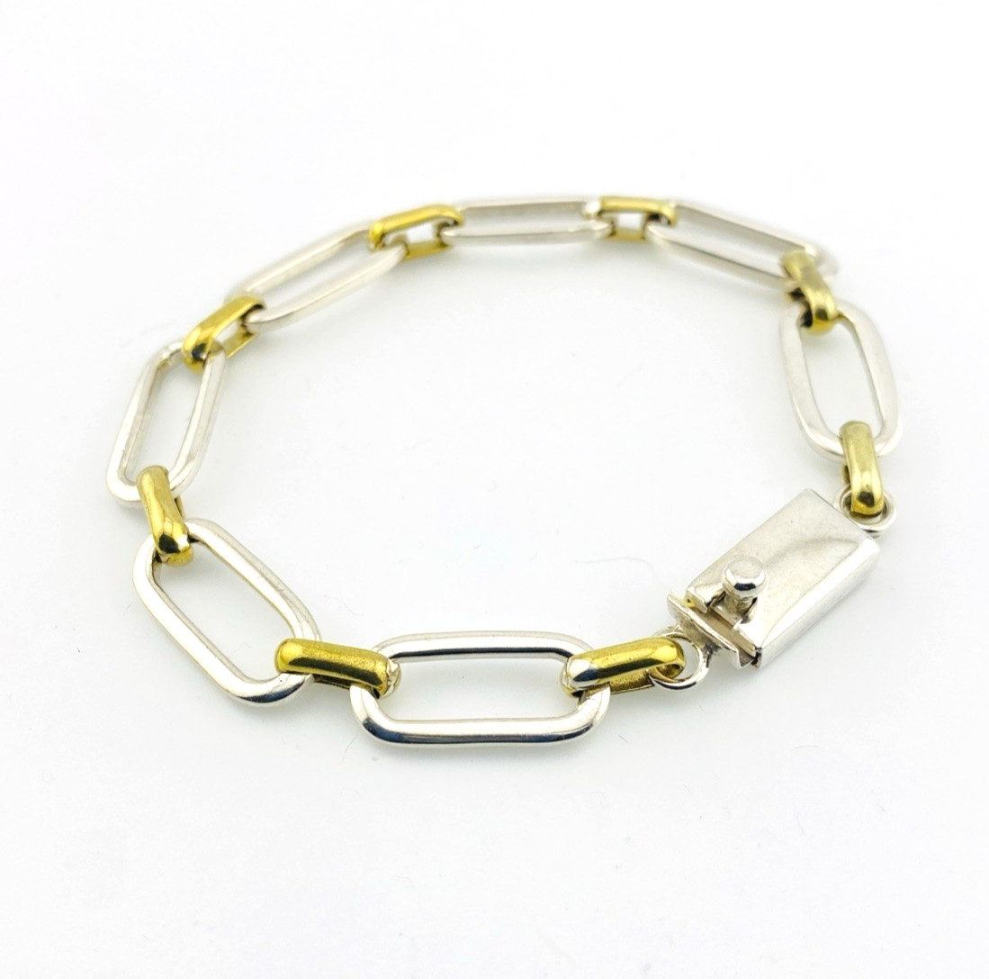 Mexico Sterling Silver Brass Link Bracelet Mixed Metal Chunky Chain 6.75 Inches