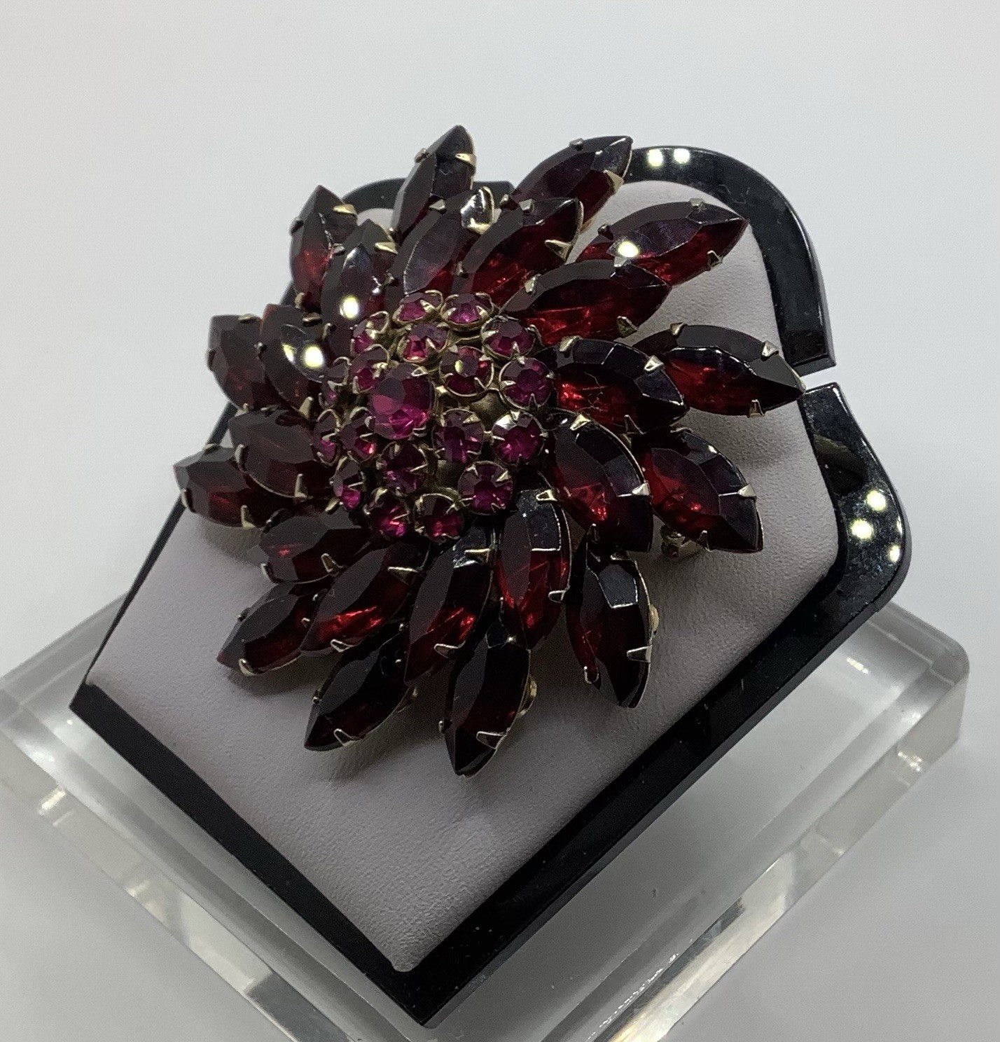 Vintage Gold Tone Riveted Fuchsia & Red Navette Rhinestone Swirl Flower Brooch