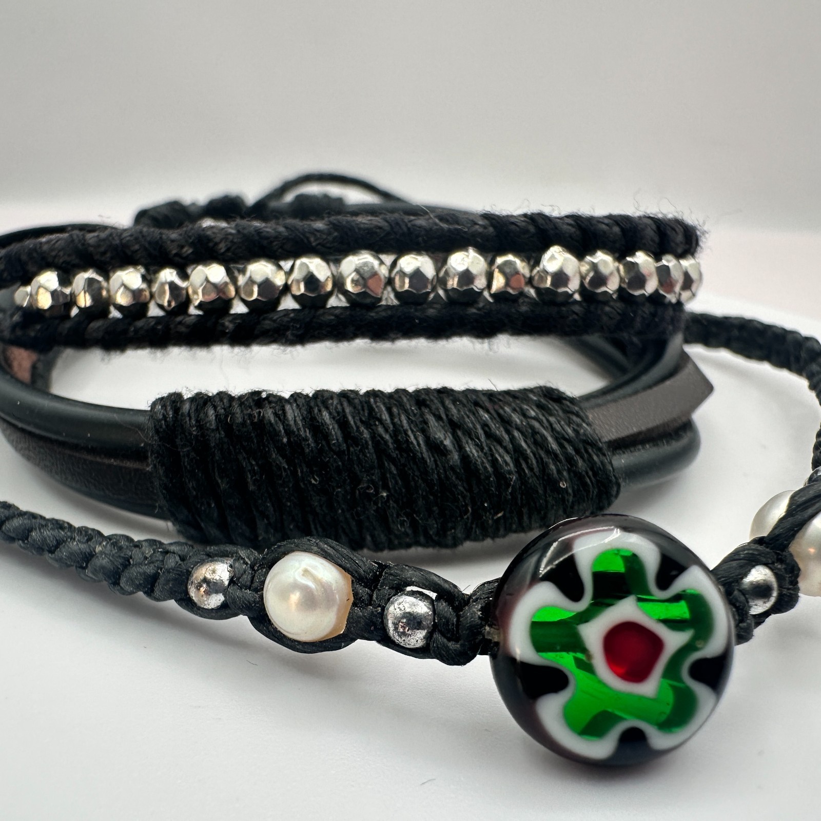 Vintage 90s Black Leather Glass Bead Bracelets Set Silver Tone Adjustable Boho