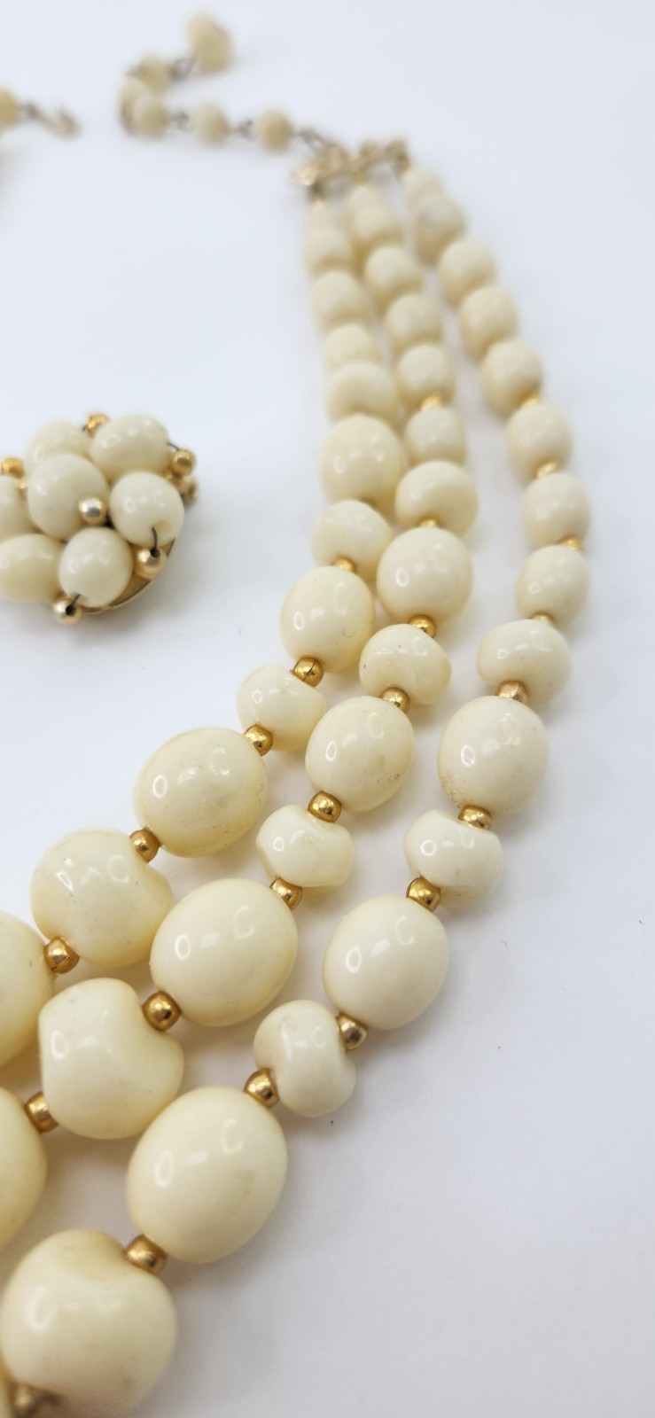 3 Strand Ivory and Gold Acrylic Bead Necklace Clip Earrings Set 1950s Hong Kong
