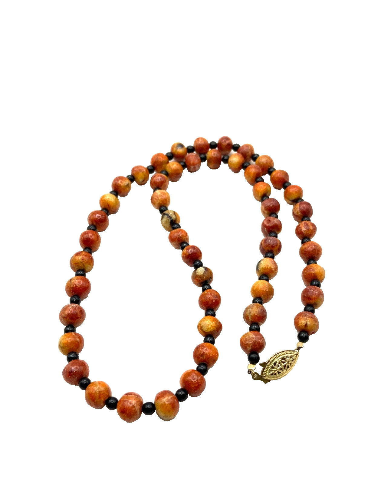 Vintage Apple Sponge Coral Red/Orange Beaded Necklace Black Agate? Gold Tone 24″