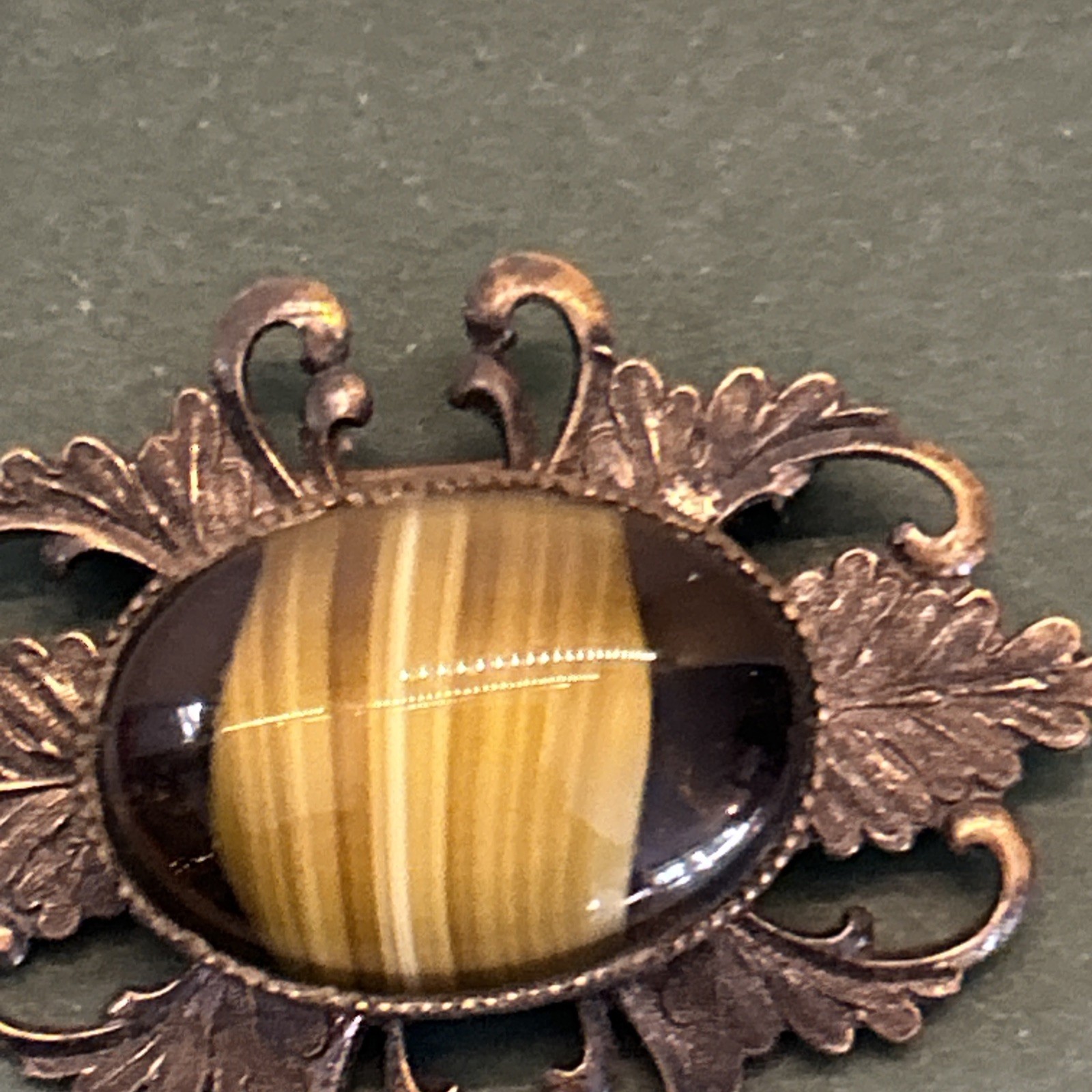 Vintage Tigers Eye Brooch Pin Brass ? Stamped with Letter ” P ” at back