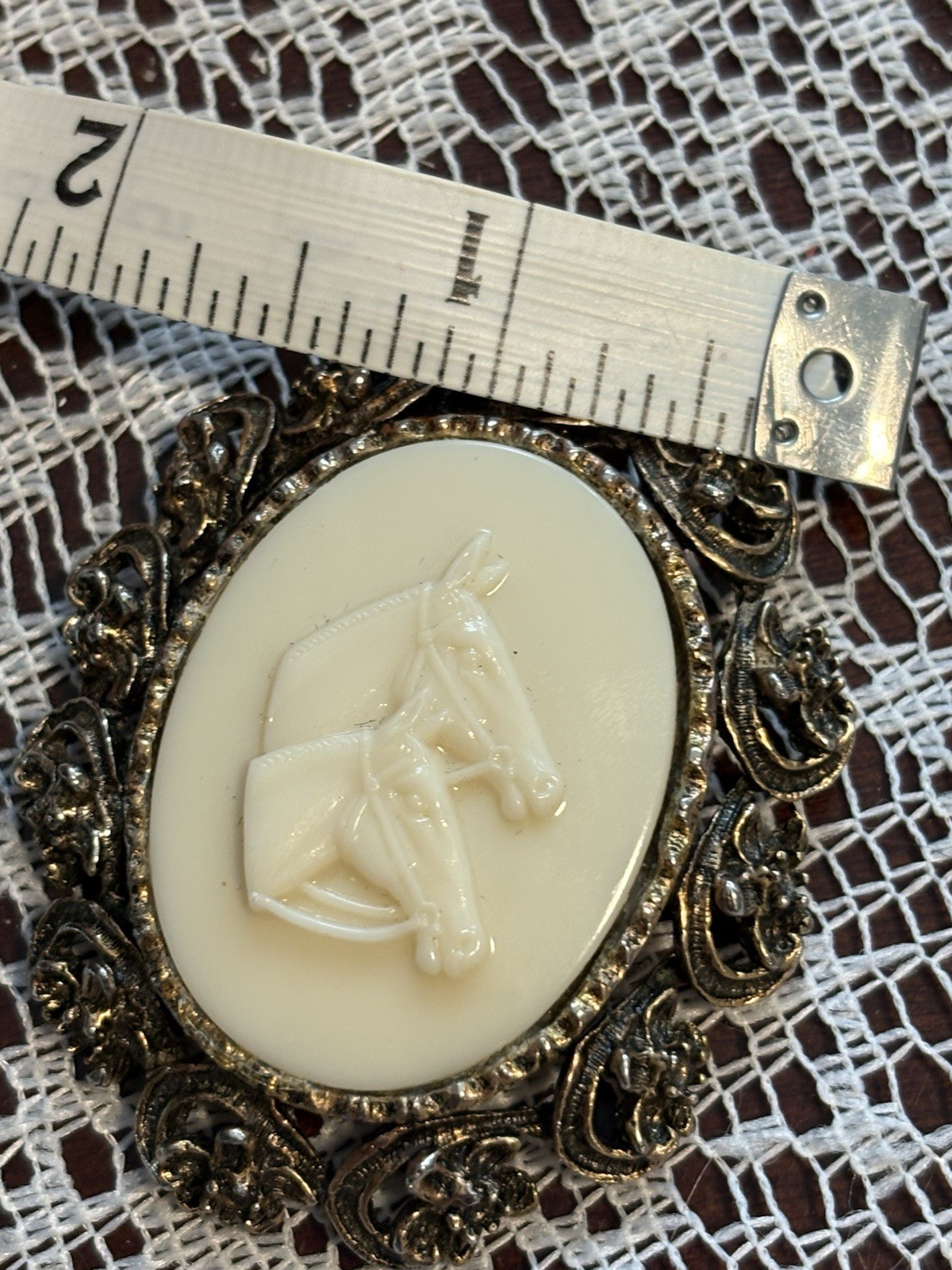 Vintage Horses Cameo Brooch Pin Gold Tone Oval Equestrian Portrait