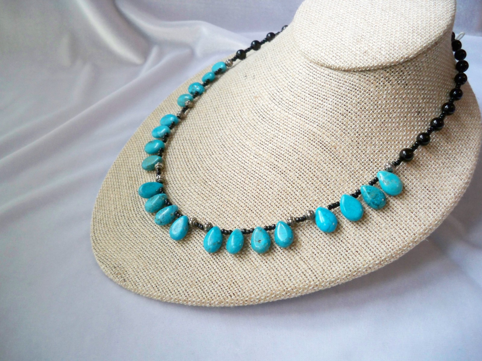 Vintage Black Glass & Turquoise Teardrop Fringe Beaded Bib Necklace