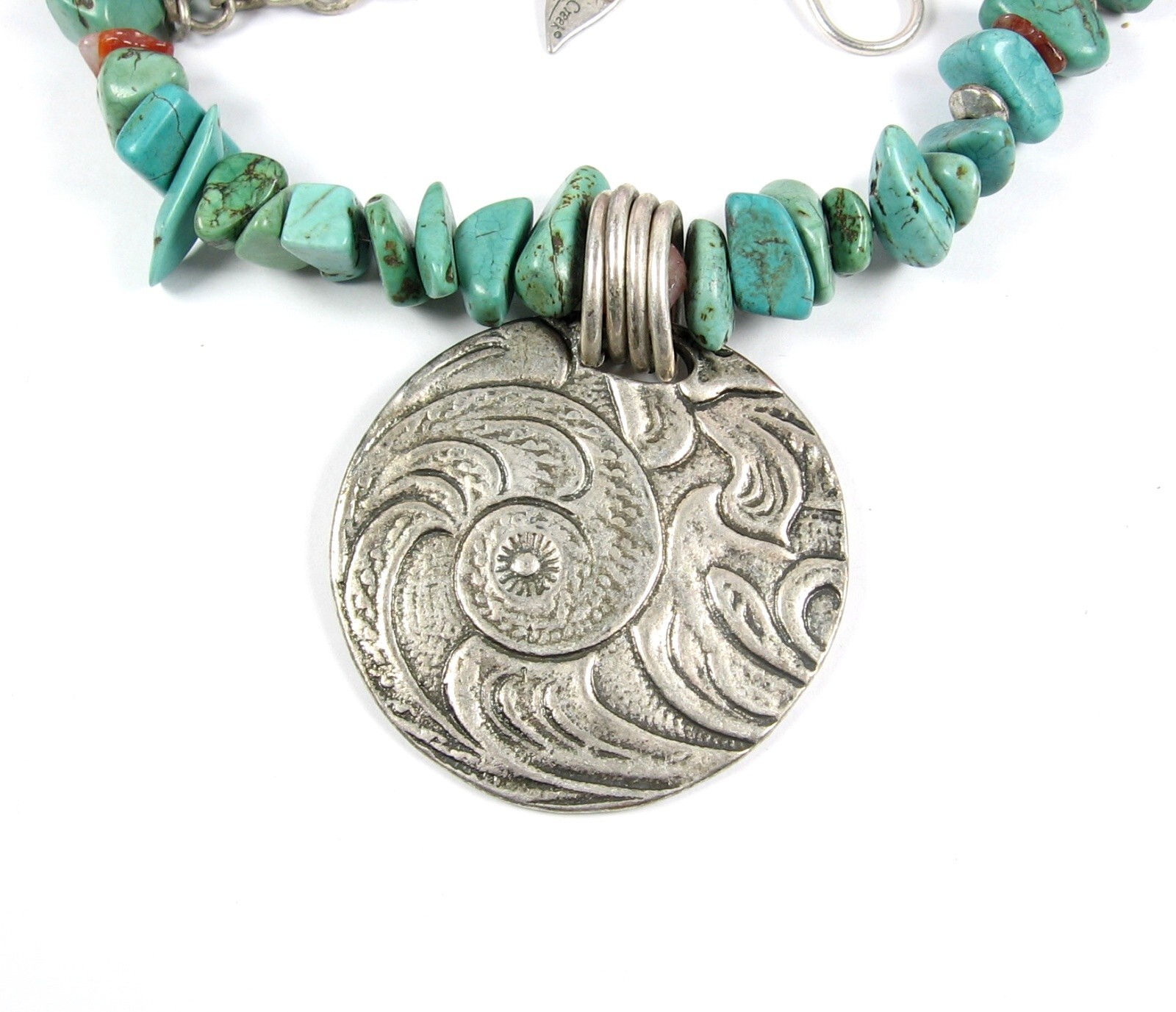 COLDWATER CREEK Vintage Green Turquoise Stone Bead Spiral PENDANT Silvertone 18″