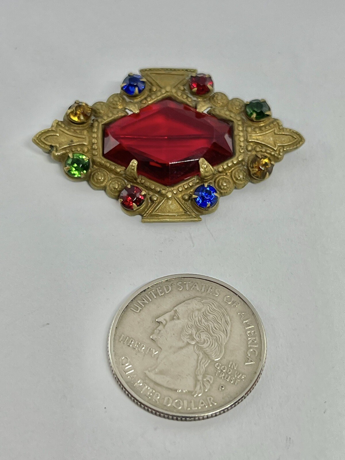 Antique Art Nouveau Red Lozenge Fruit Salad Czech Glass Goldtone Filigree Brooch