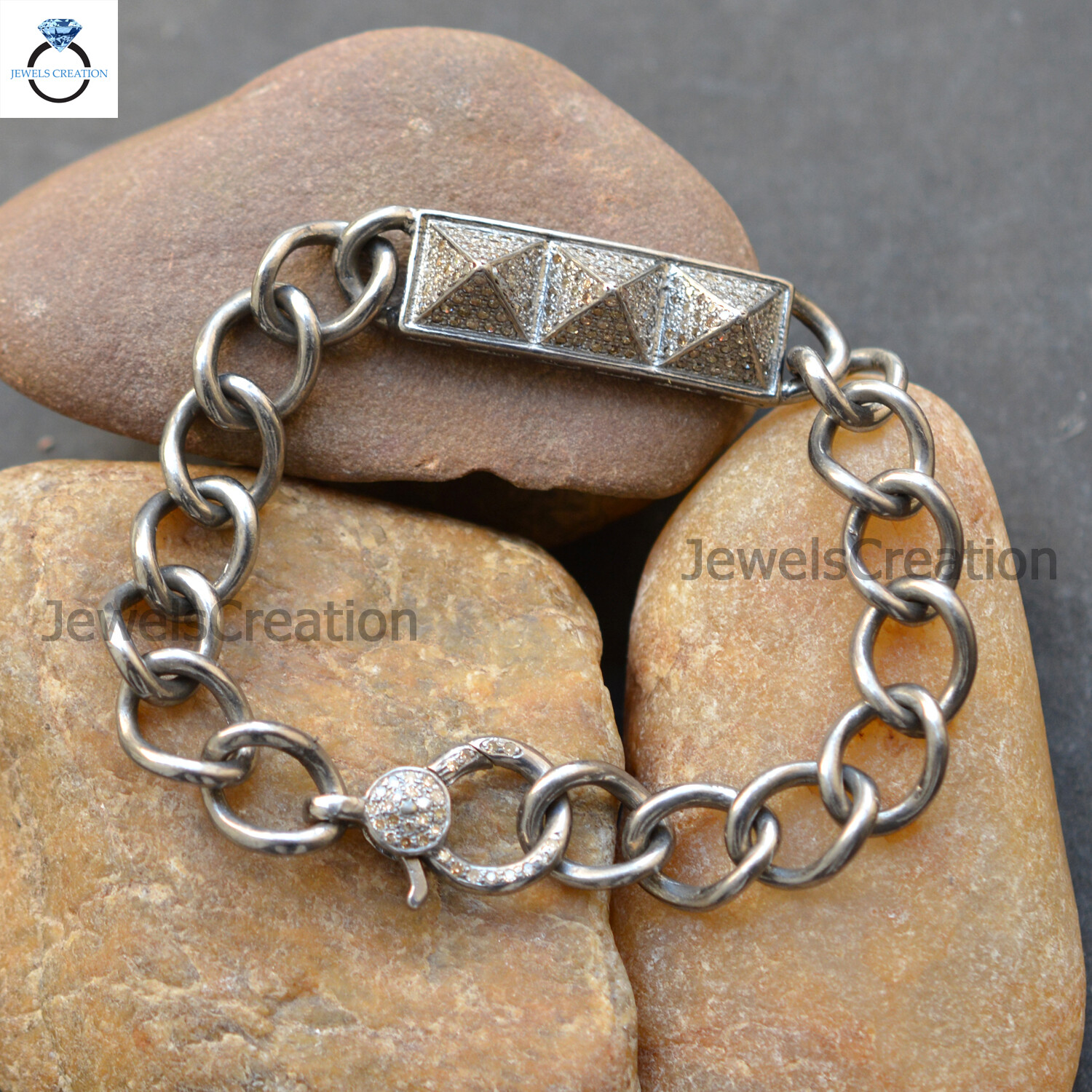 Pave Diamond Connector Link Chain Bracelet 925 Silver Jewelry Lobster Clasp Claw