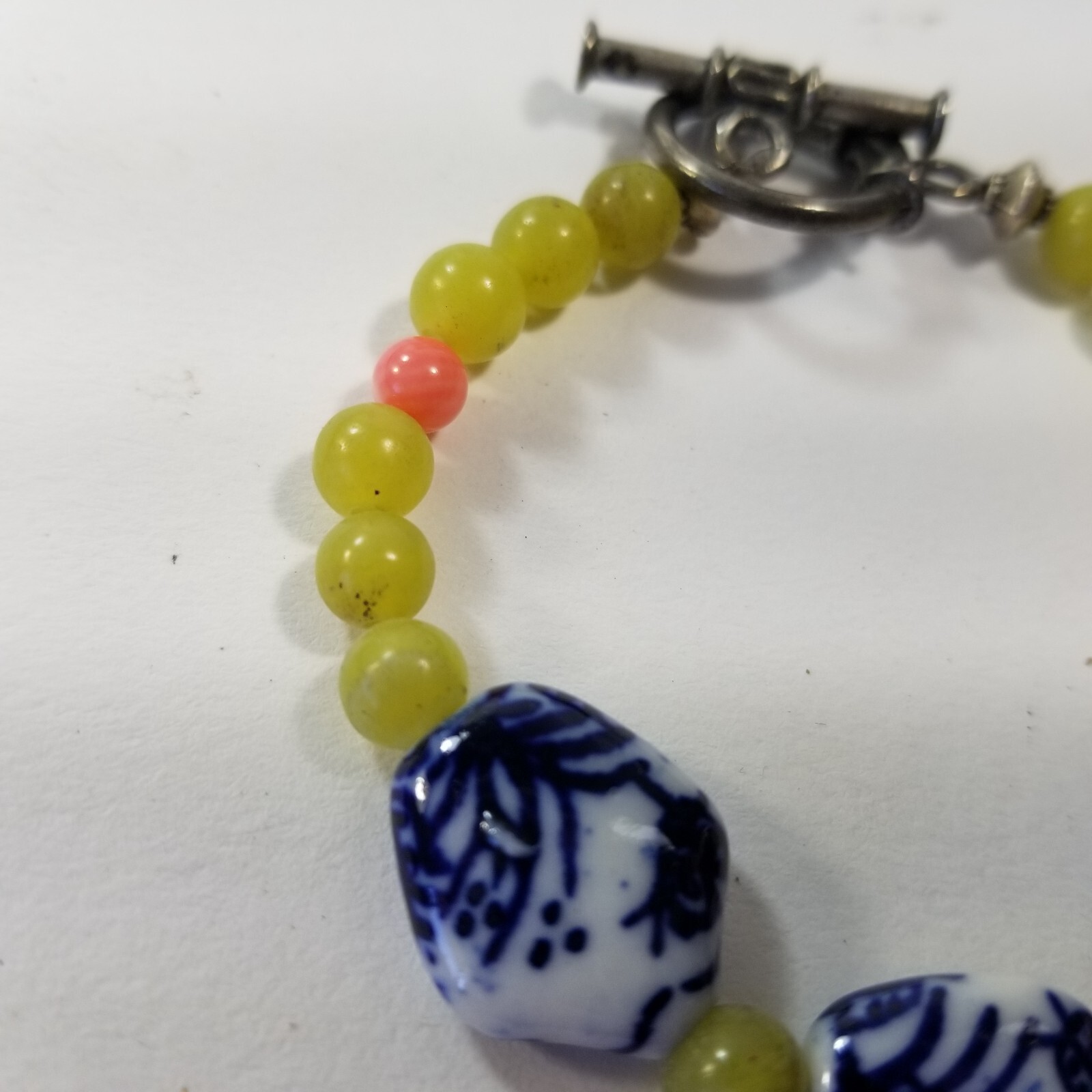 Bracelet Blue White Porcelain with Lemonade Yellow Glass Beads Toggle Closure