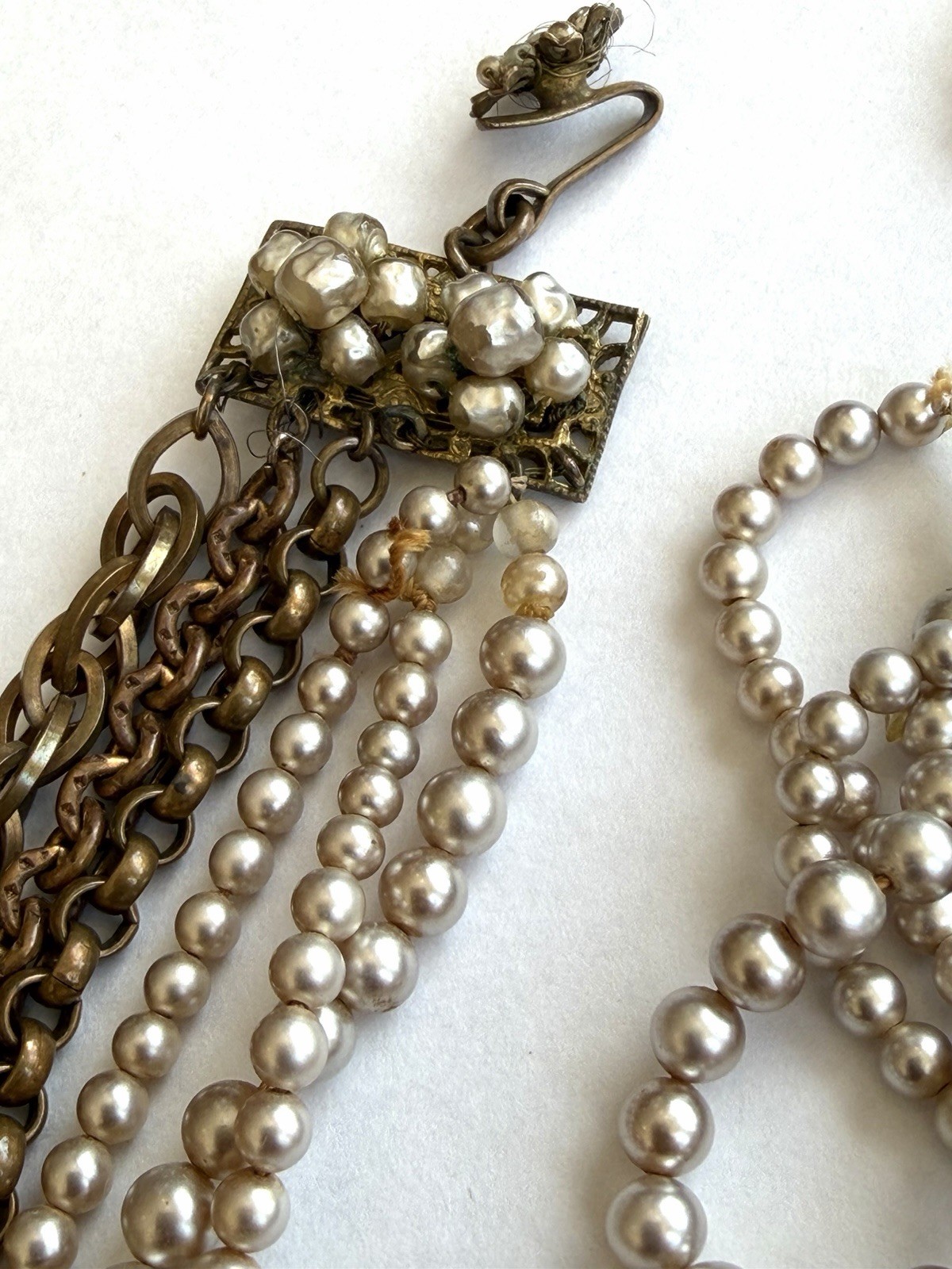 Miriam Haskell Vintage Signed 3-Strand Glass Pearl and Gold Chain Link Necklace