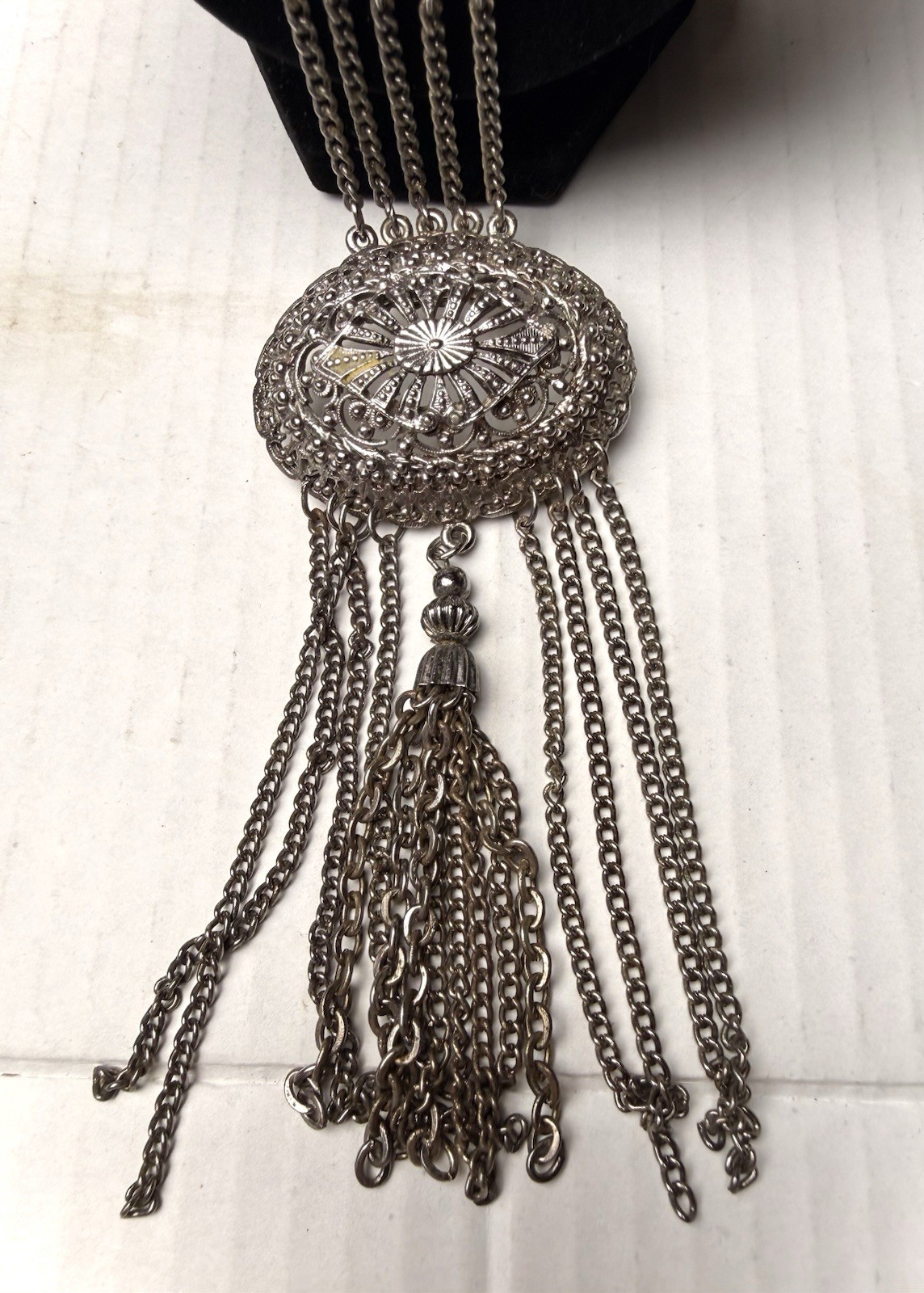 Vintage Tribal Ethnic Filigree Metalwork Fringe Tassel Necklace Silver Tone Boho