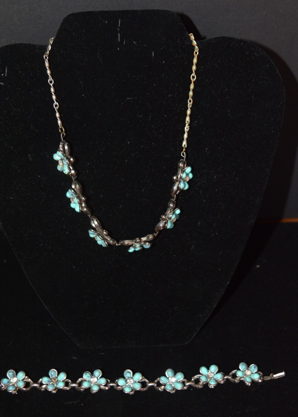 VTG Blue Opal Turquoise & Rhinestone Sterling Silver Bracelet & Necklace Choker