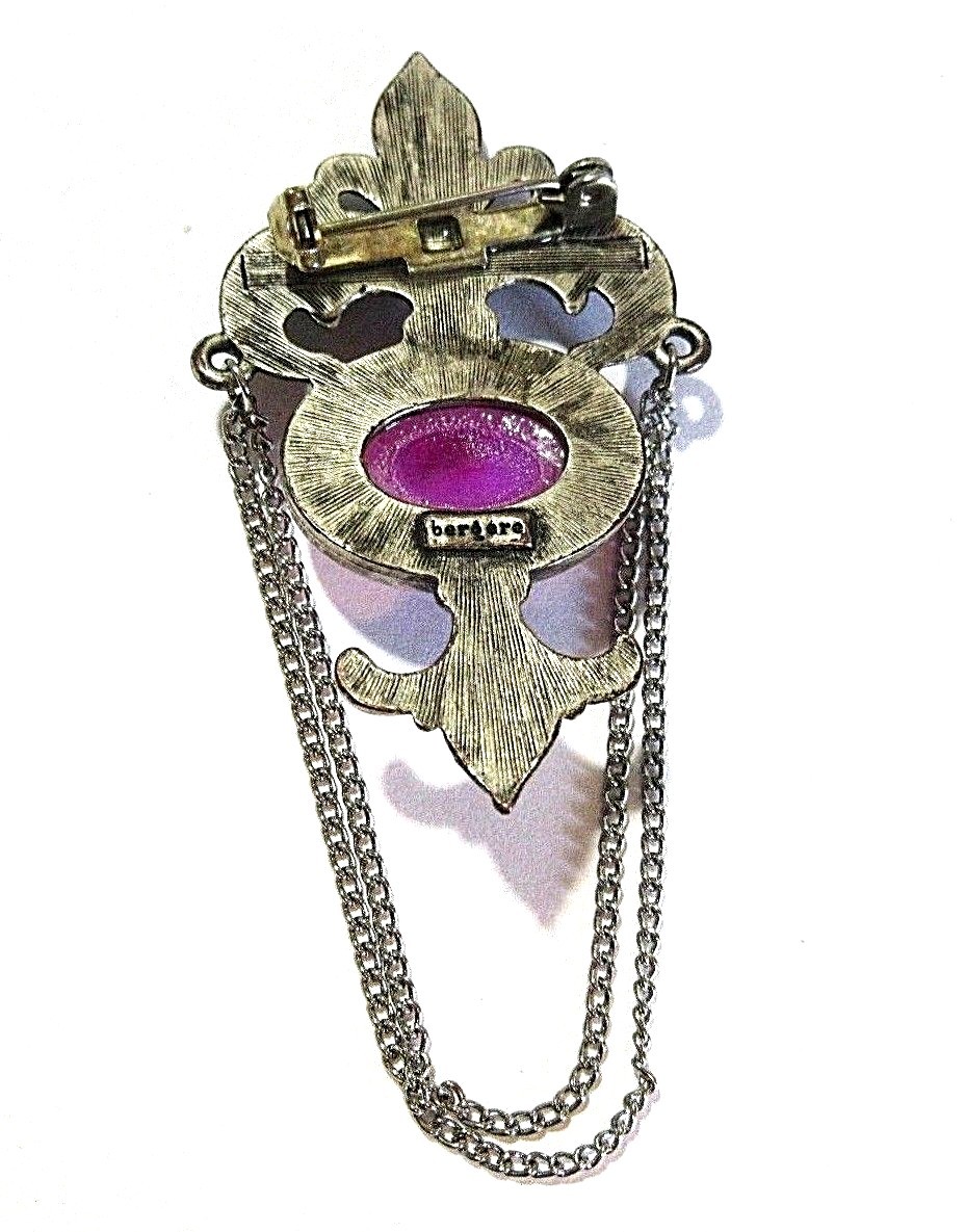DARKENED SILVER TONE FLEUR DE LIS PURPLE STONE DANGLE CHAIN LAPEL PIN BERGERE