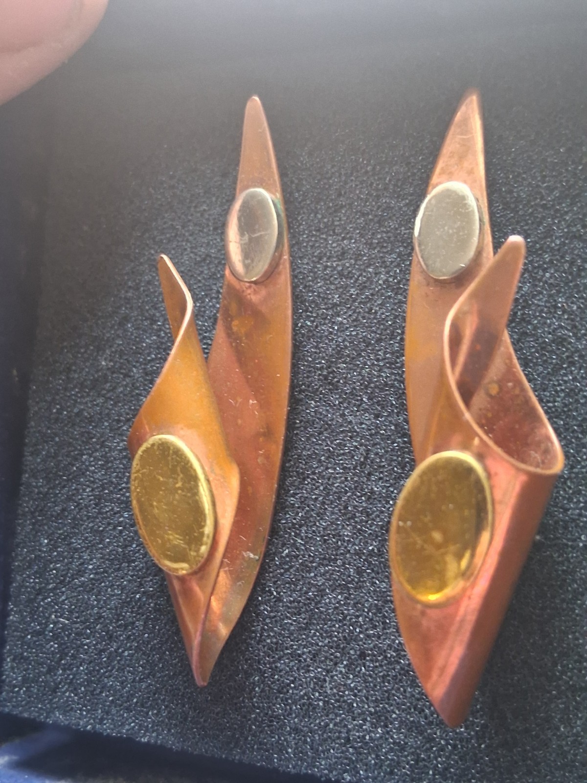 Mid century modern MCM copper abstract mixed metal large earrings