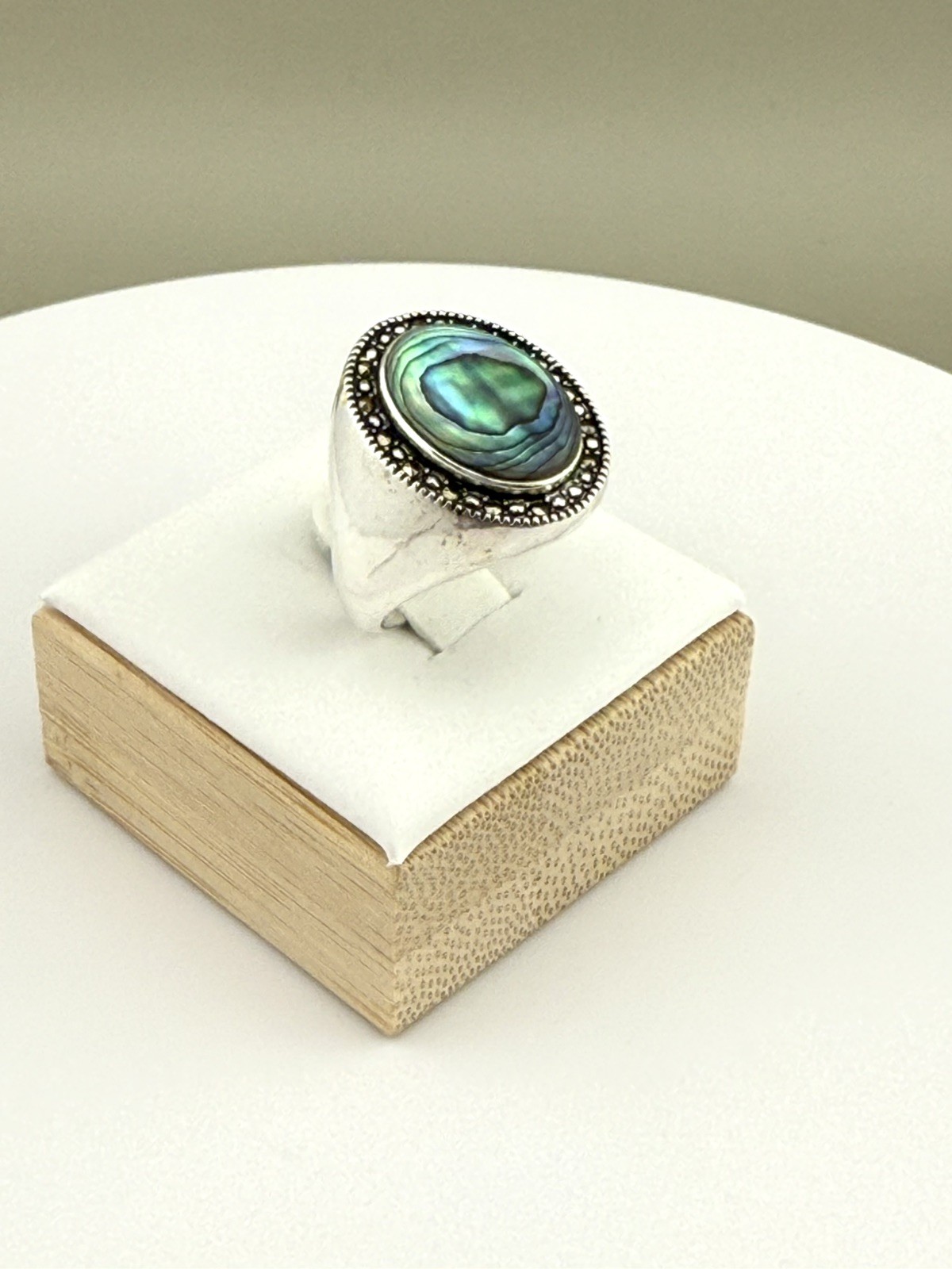 Sterling Abalone Marcasite Ring Size 7 Oval Halo Signed CW Charles Winston