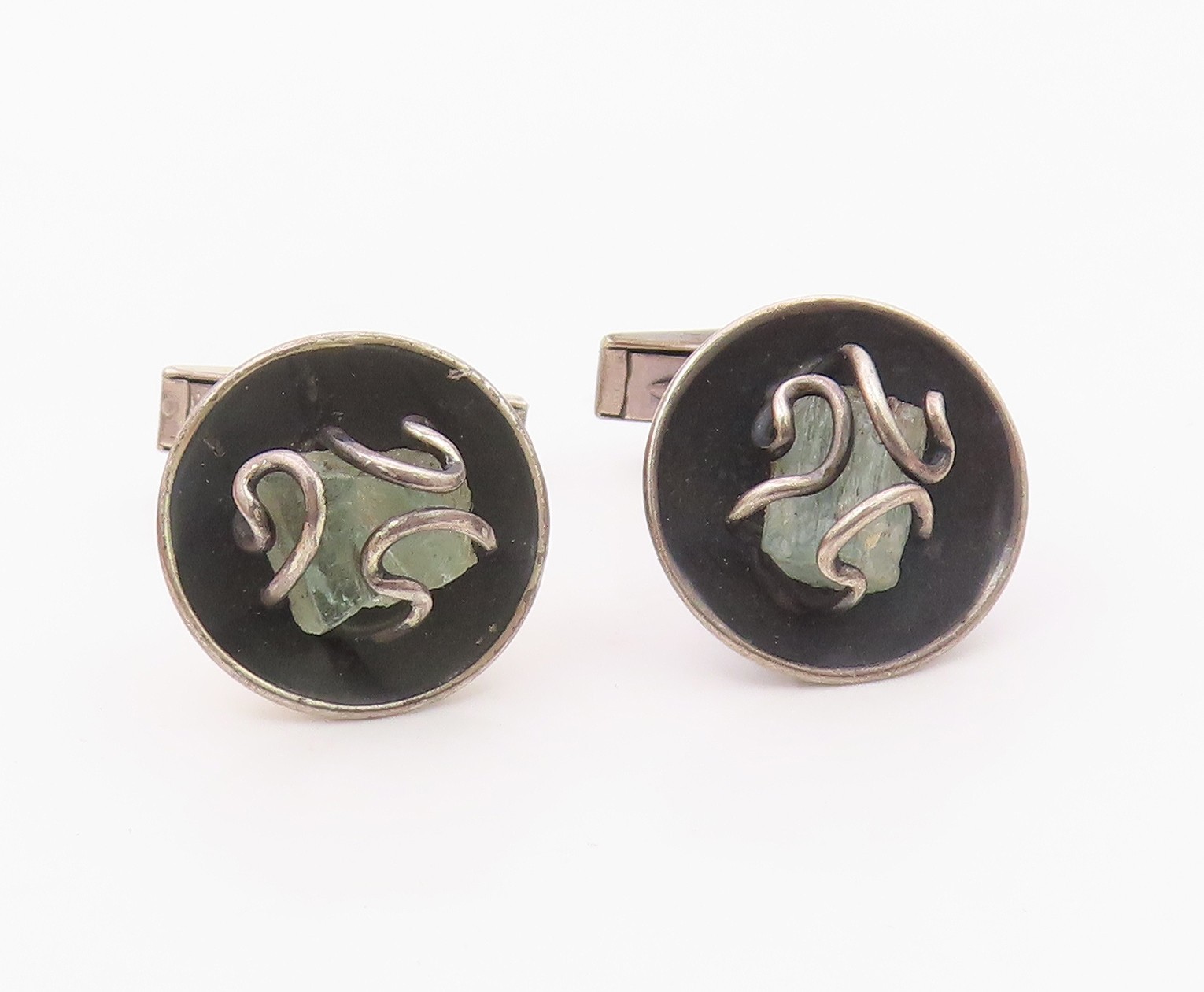 925 Sterling Silver Vintage Wire Wrapped Quartz Round Cuff Links TR1825