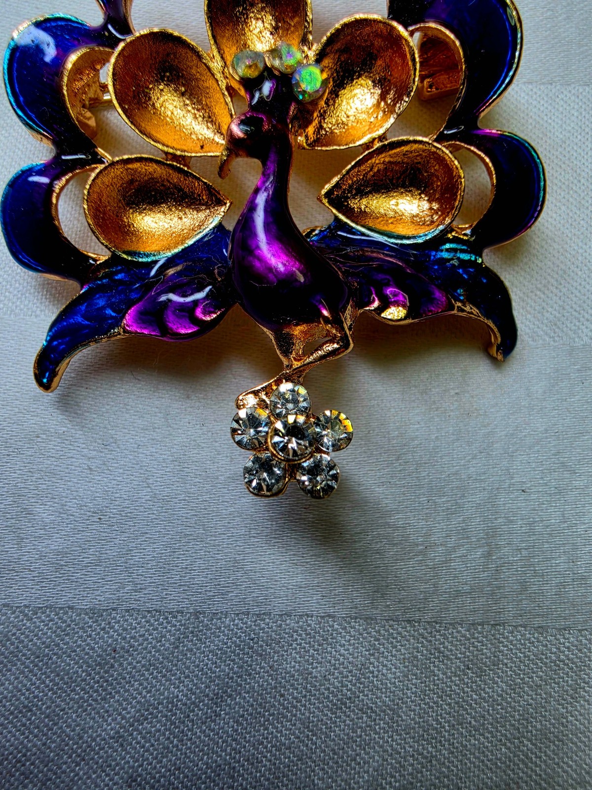 Vintage Gold Tone Peacock Brooch Purple Blue Enamel Rhinestone Estate Jewelry