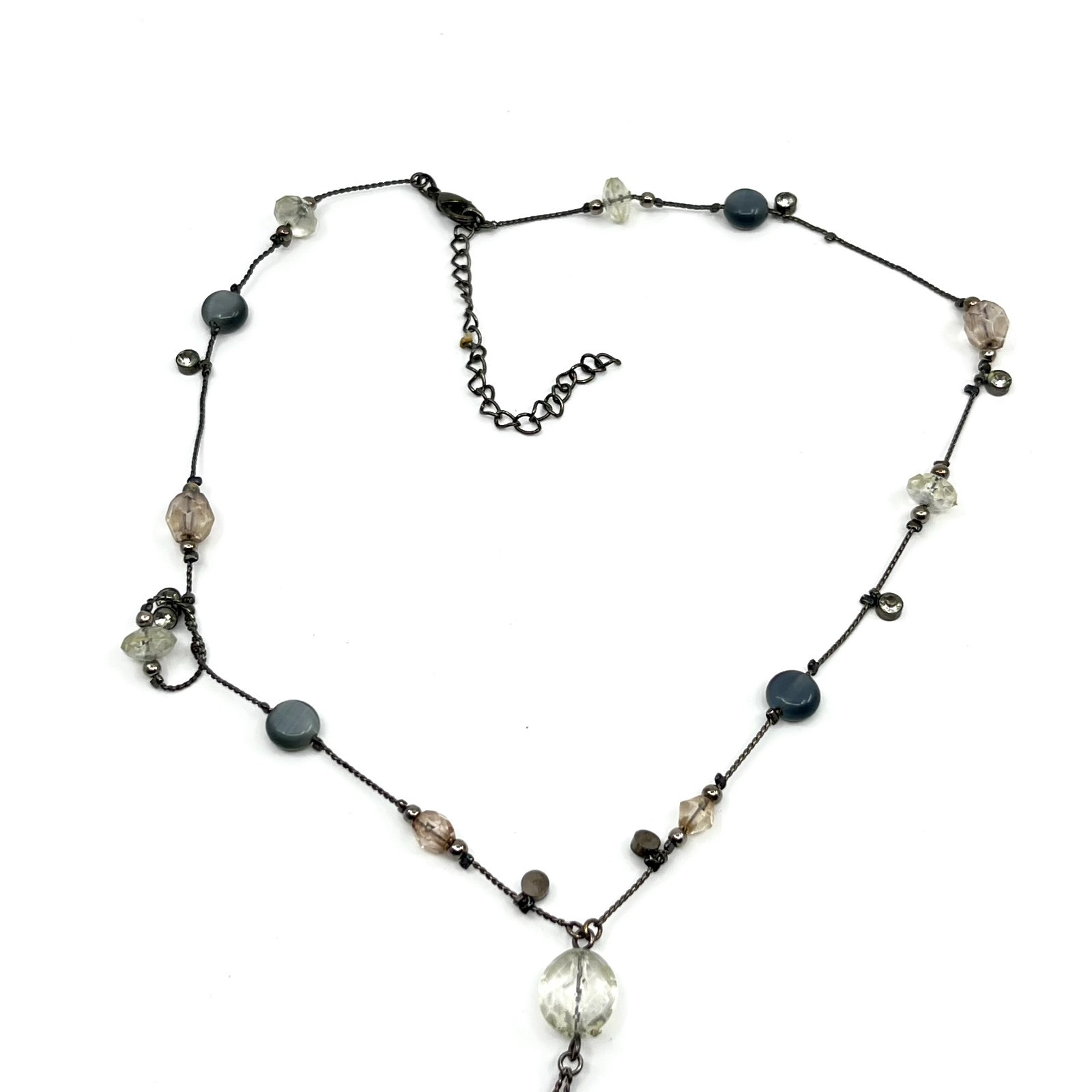 Vintage Y2K Gunmetal Blue Beaded Y-Necklace Tassel Drop Boho Aesthetic Classic