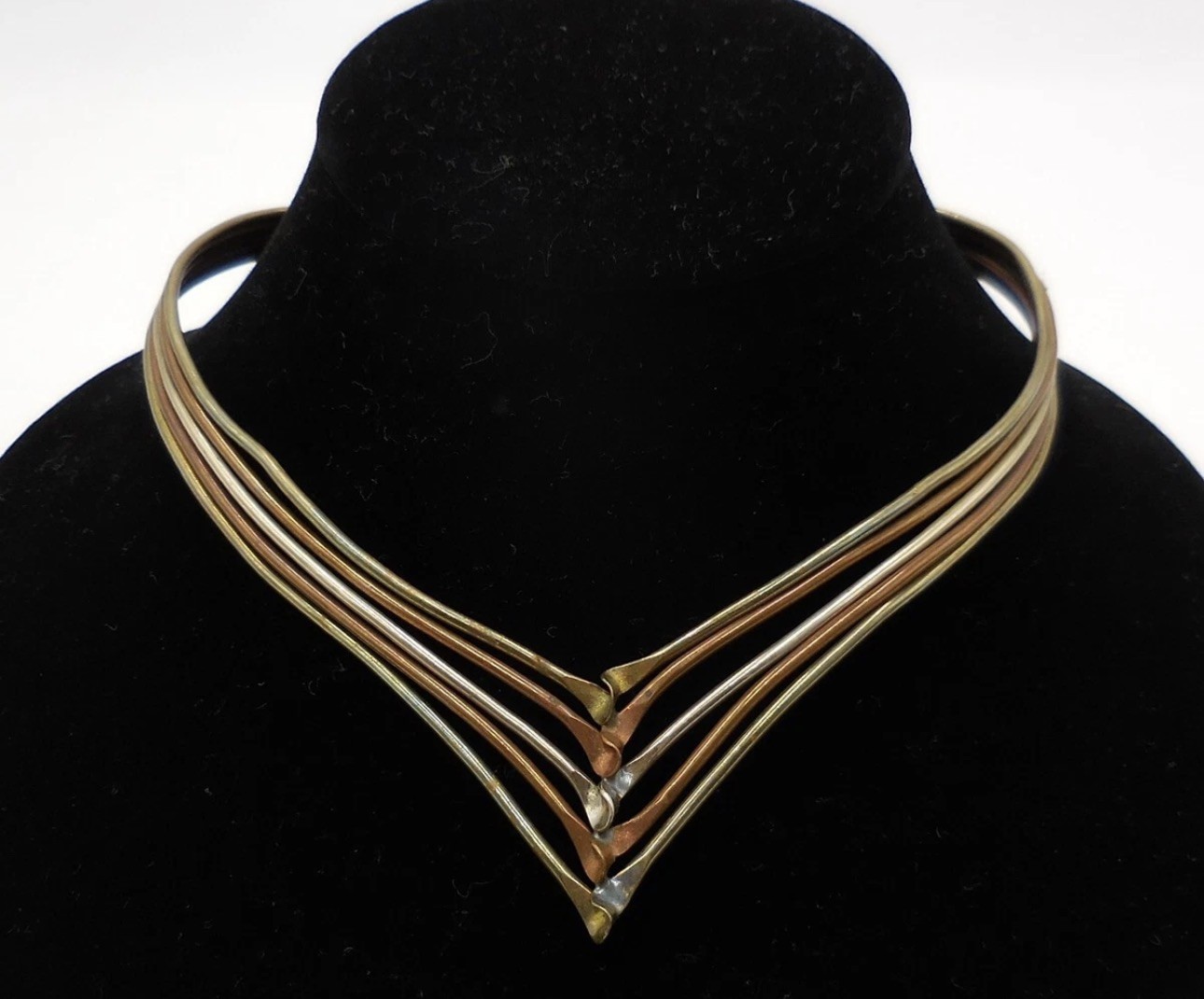 Vintage Mid Century Modern Sterling Silver & Mixed Metal Necklace Brass Copper