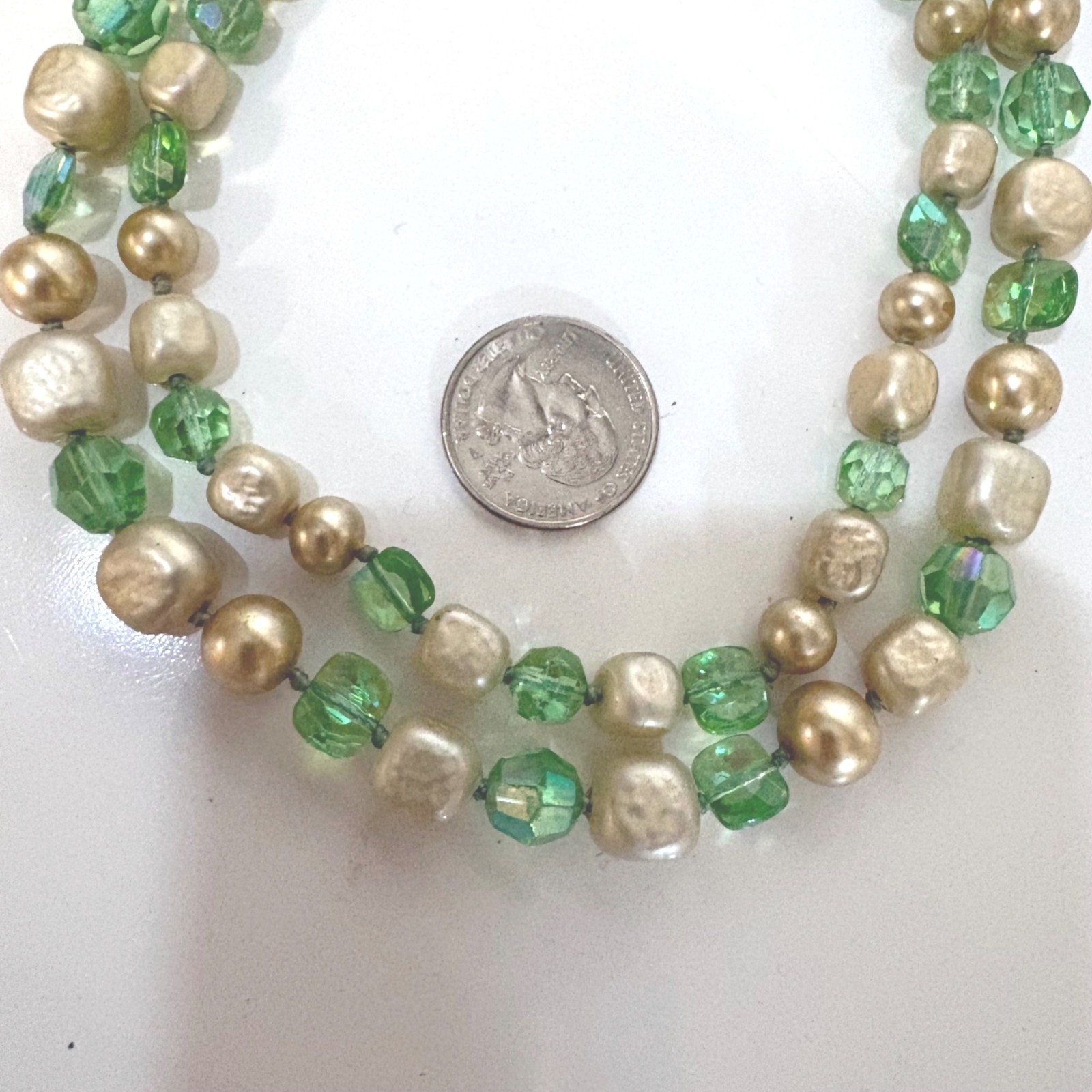 Vintage Double-Strand Necklace with Green and Faux Pearl Beads Hook Clasp