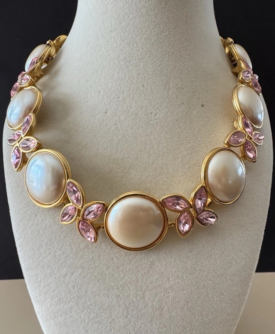 Vintage Monet Runway Necklace Faux Pearls Pink Crystal Gold Tone Statement