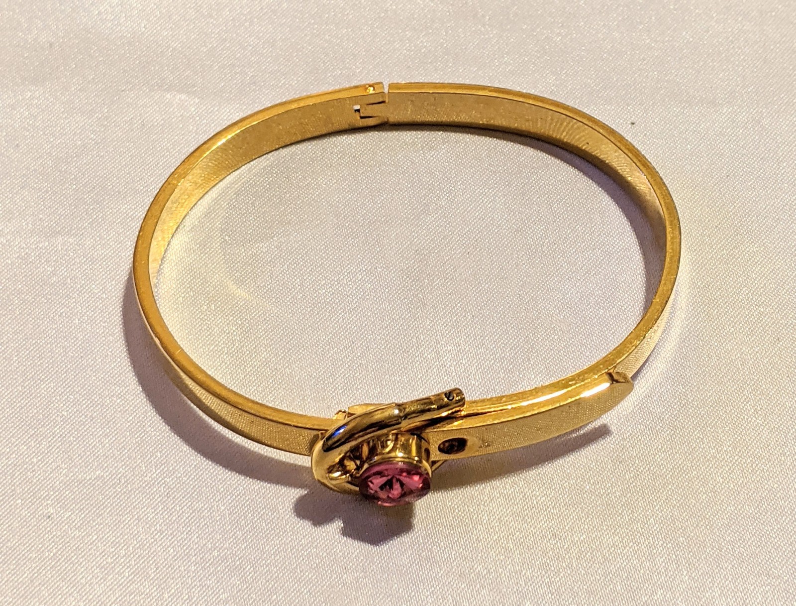 VTG 80s Hinged Bangle Bracelet Pink Crystal Buckle Adjustable Gold Tone Metal