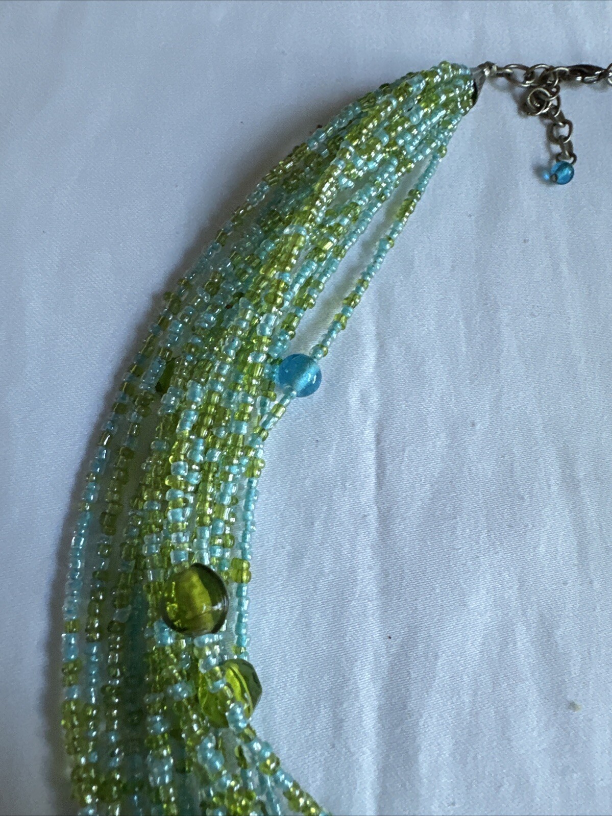 Vintage Seed Bead Multi Strand Wrap Statement Necklace Green, Blue, 22
