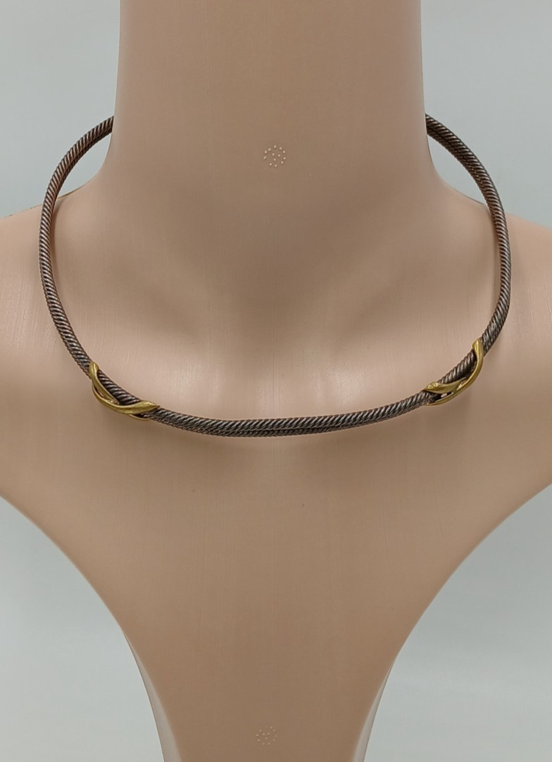 VTG 925 Taxco Mexico Heavy Cable Choker Necklace 61g Two Tone Accent End Caps