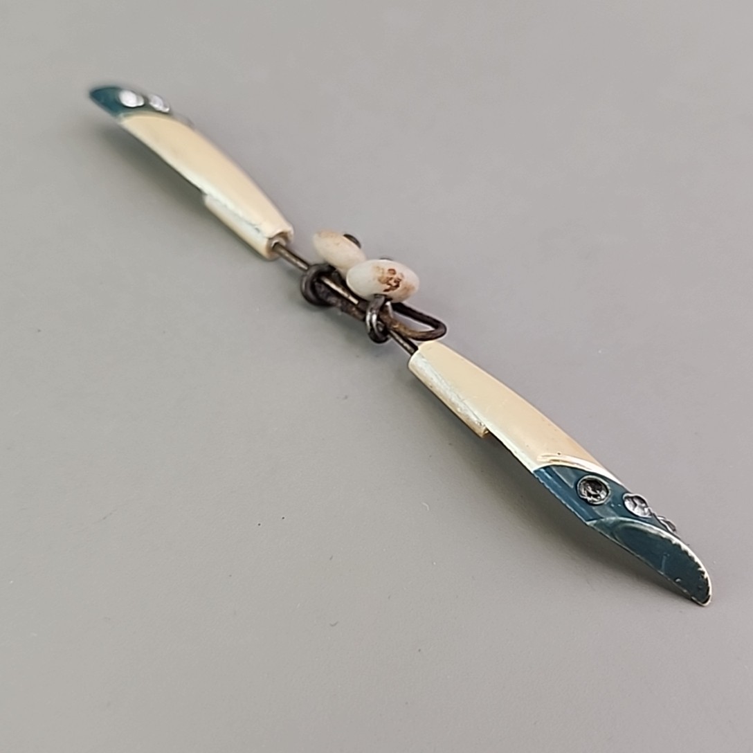 Vintage Celluloid Jabot Brooch Rhinestones Stick Pin 4.25″