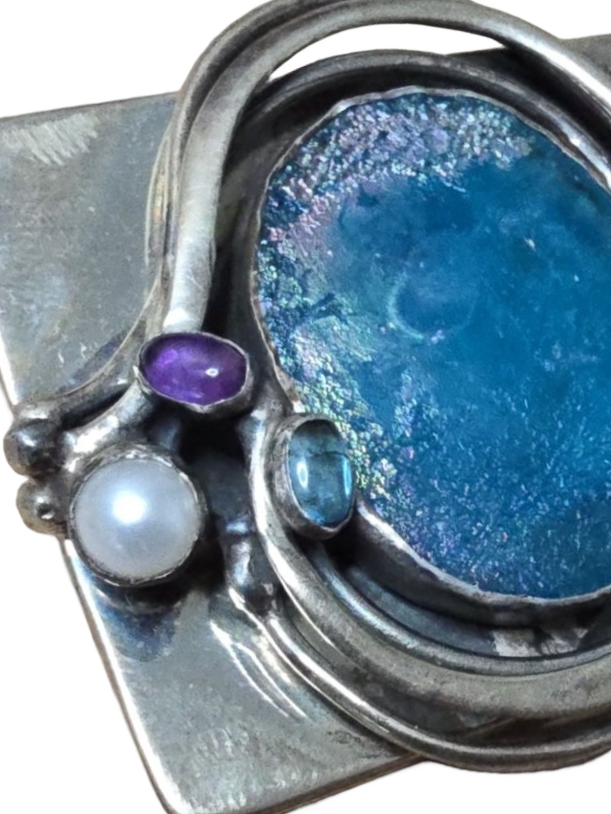 Large Mid-century Modern Signed 925 Roman Glass Necklace With Accent Stones 44g