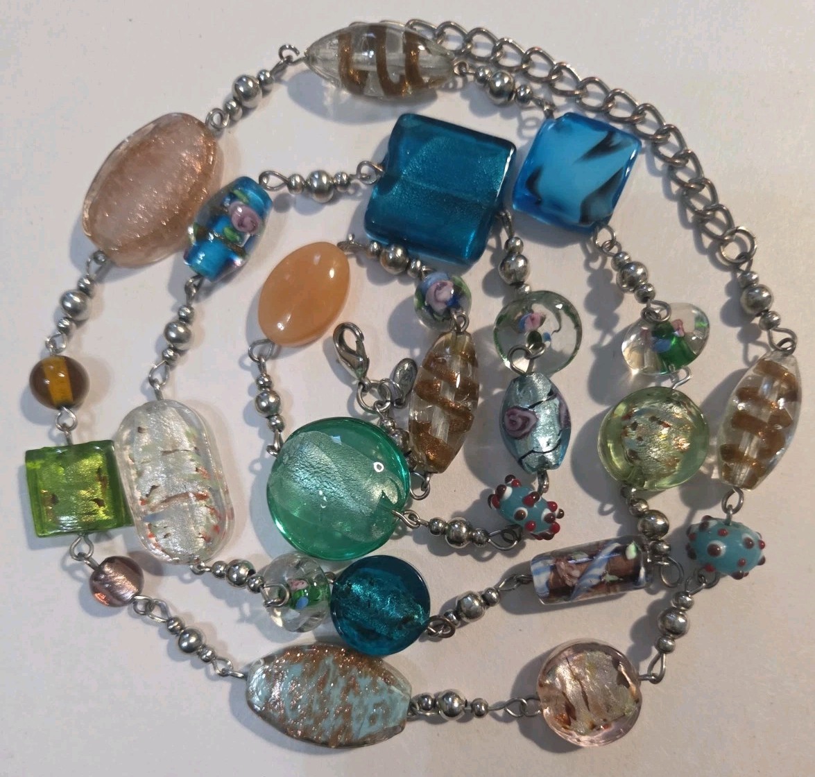 Premier Designs Necklace Venetian Foil Art Glass Long Multicolor Flapper 36″