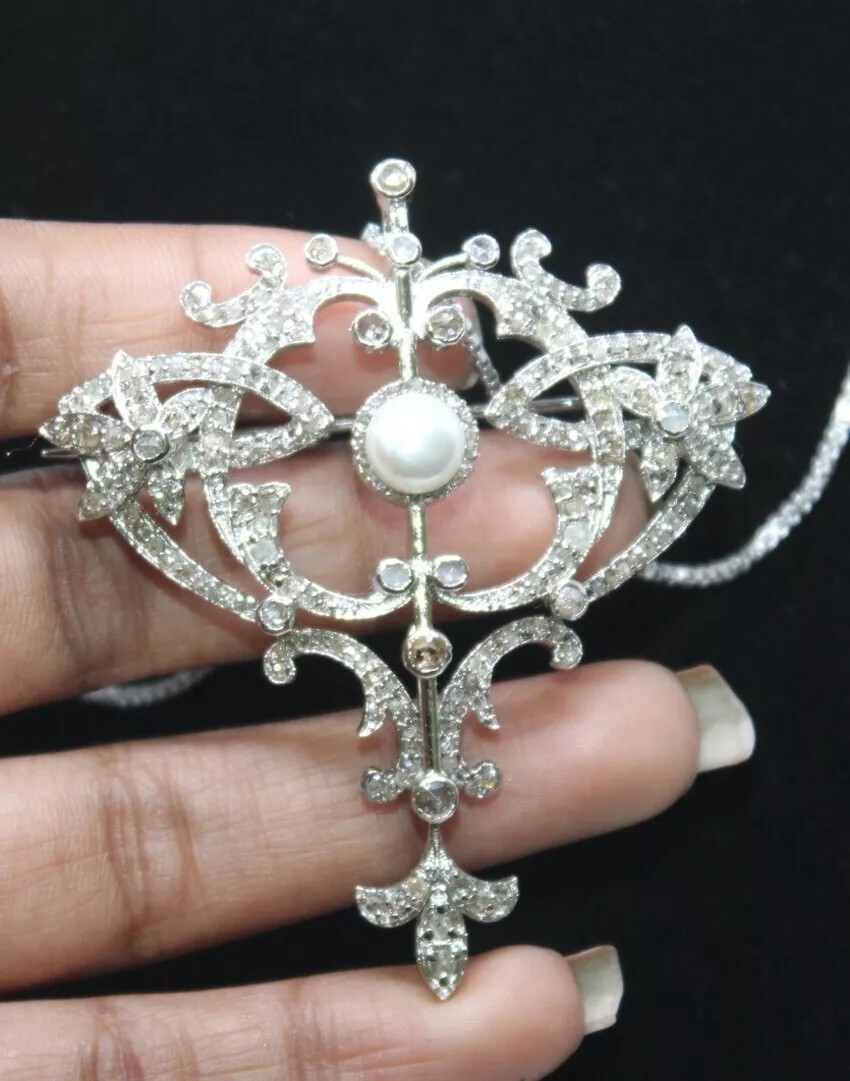 4.16ct Rose Cut Diamond Victorian Look Pearl 925 Silver Brooch And Necklace