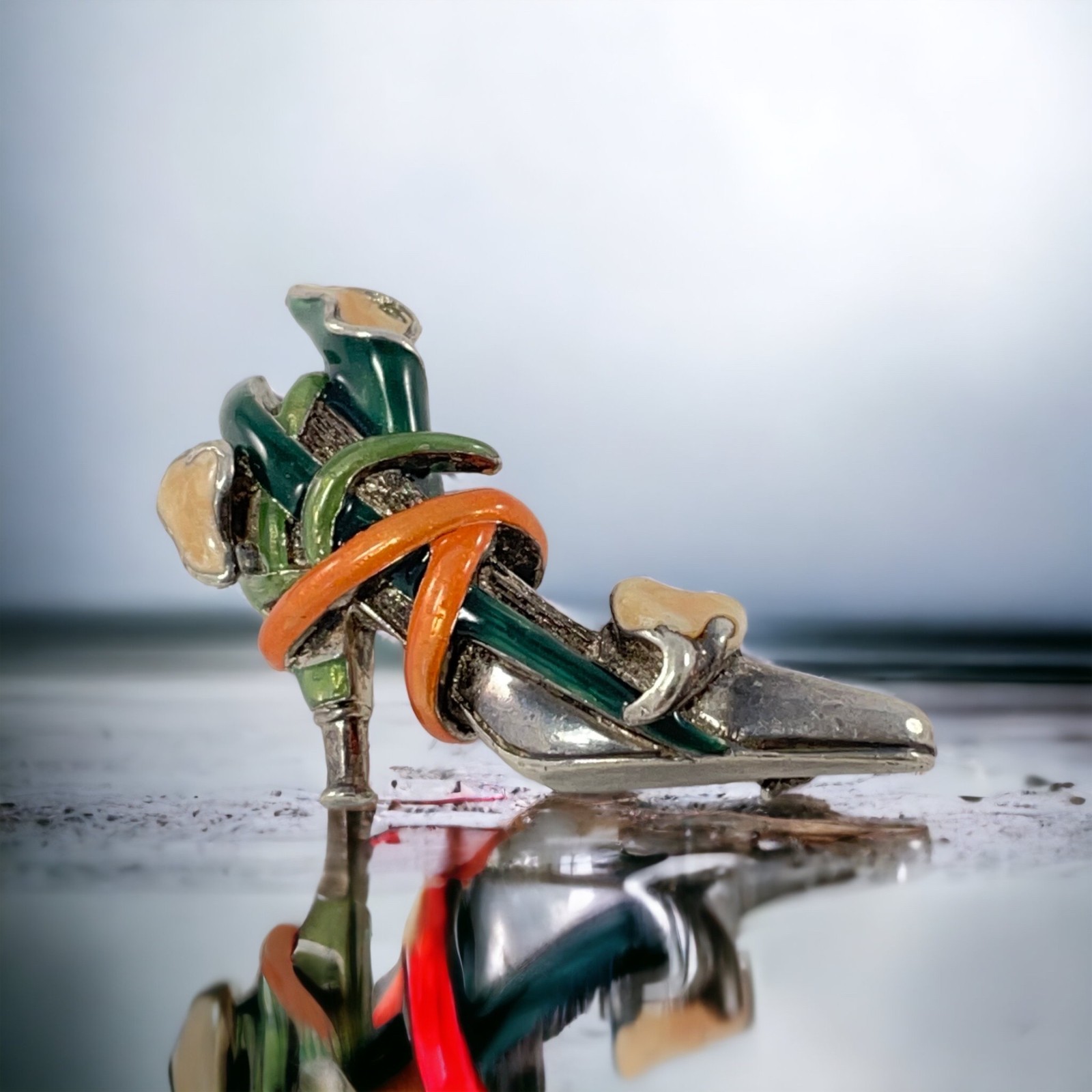 Vintage KJL Sterling 925 Calla Lily High Heel Shoe Enamel Brooch Signed
