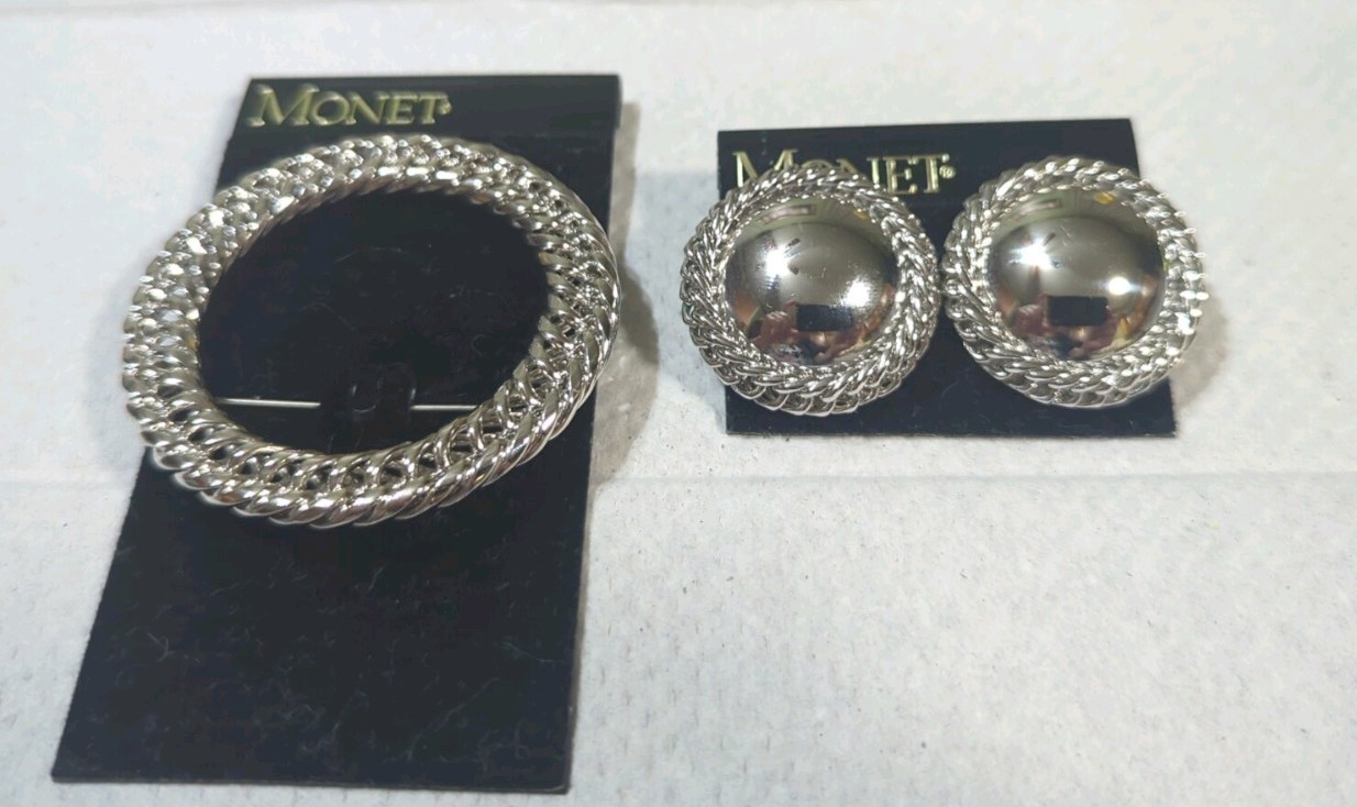 Vintage Monet Silver Tone Circle Chain Brooch Pin And Matching Earrings Inv #7
