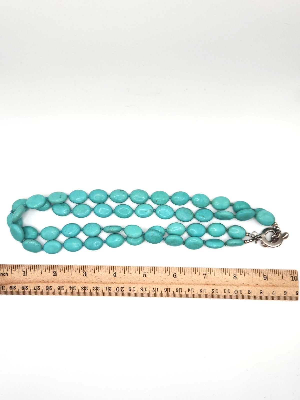 Double Strand Turquoise Necklace Sterling 925 Silver Clasp Oval Beads Light Blue